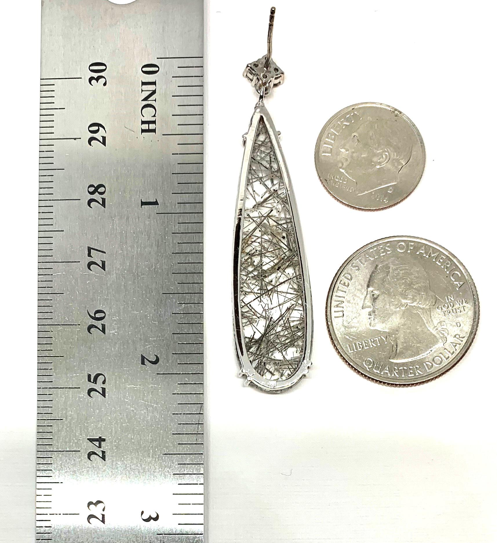 Actinolated Quartz and Diamond Drop Earrings in White Gold, 36.37 Carats Total For Sale 1