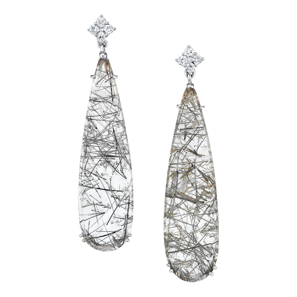 Actinolated Quartz and Diamond Drop Earrings in White Gold, 36.37 Carats Total