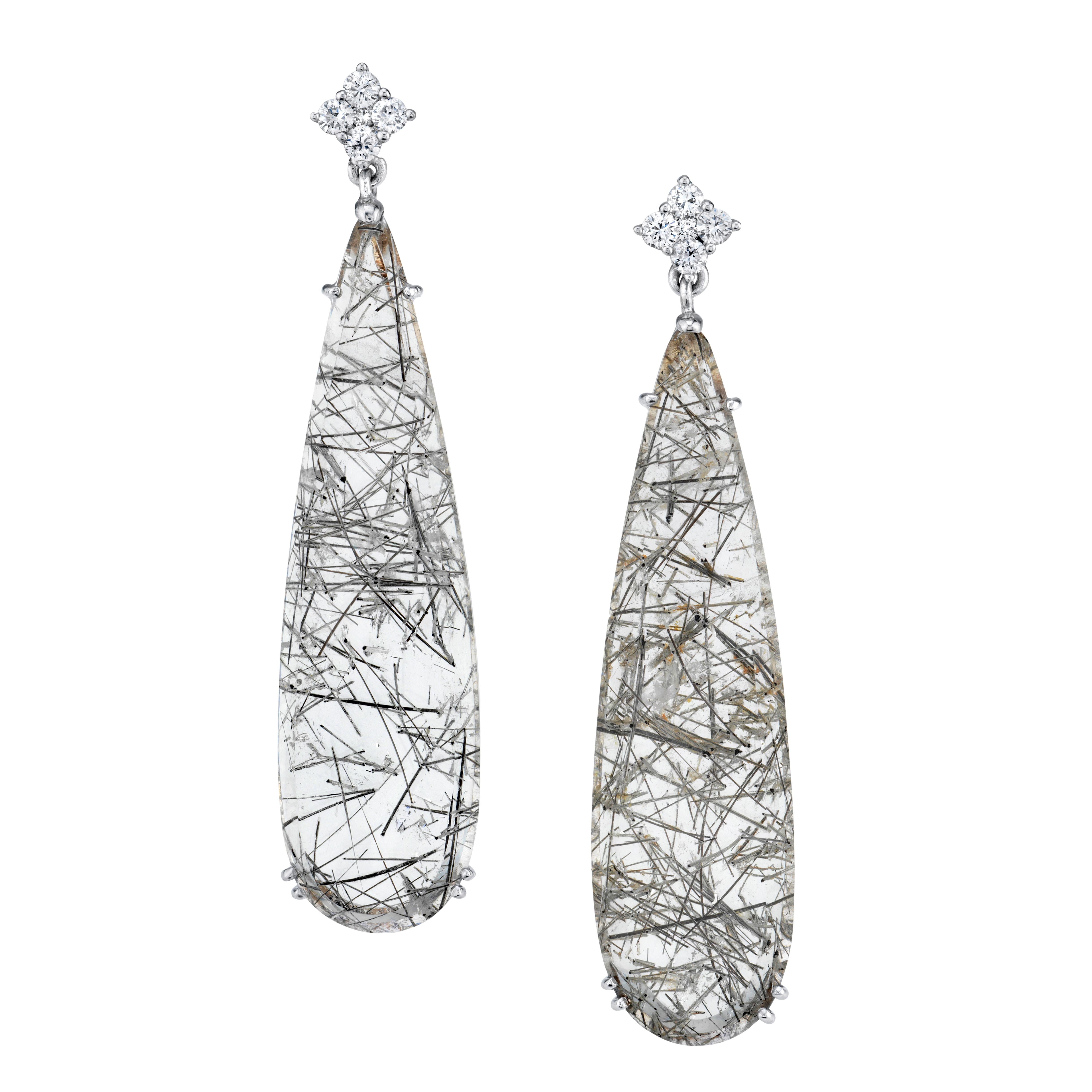 Artisan Actinolated Quartz and Diamond Drop Earrings in White Gold, 36.37 Carats Total For Sale