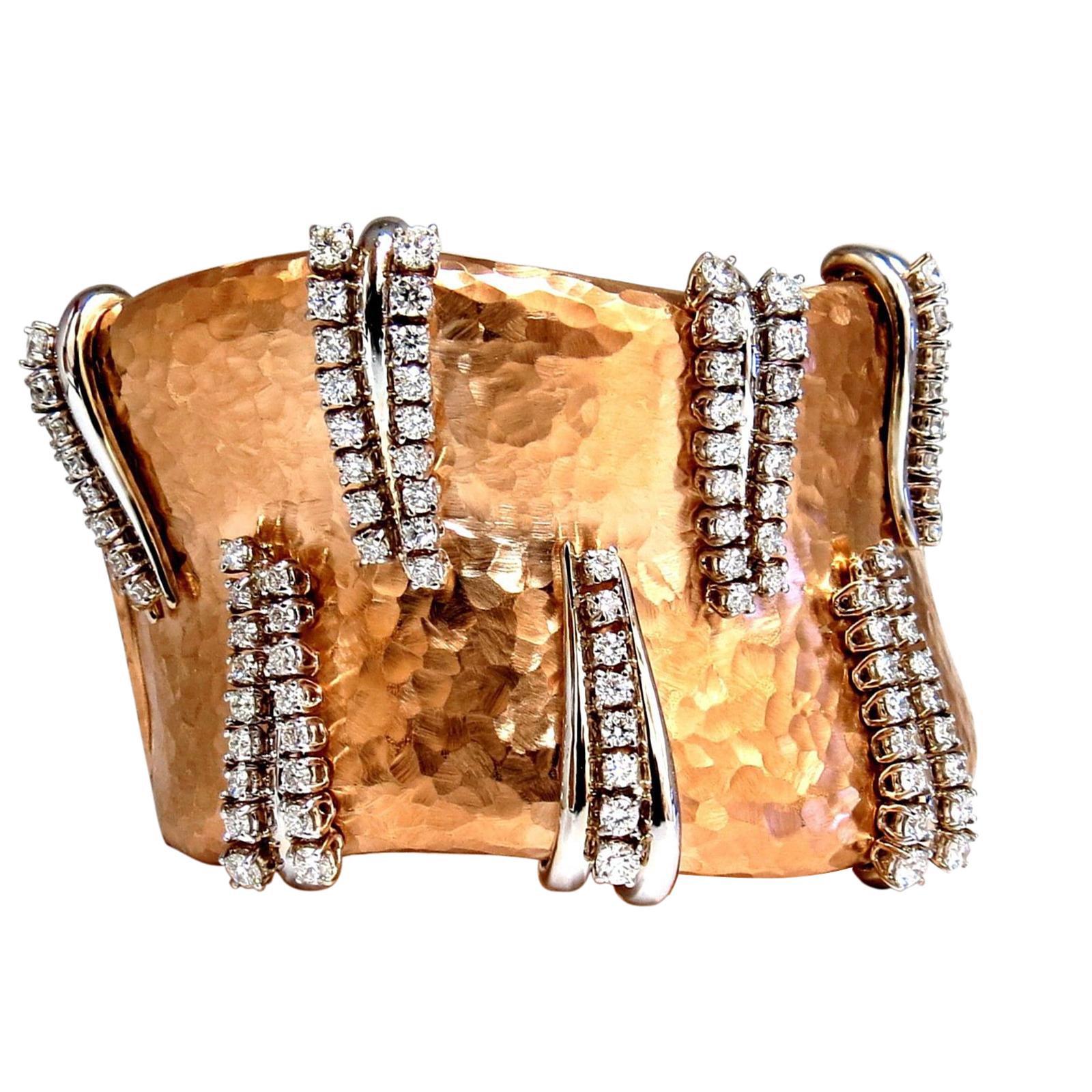 3.63ct Diamonds Bangle Cuff Bracelet 18kt Rustic Hammered Deco Spring Hinge