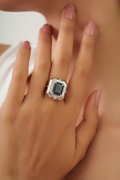 3.63ct Emerald-Cut Blue Sapphire Diamond Halo Ring in 18K White Gold