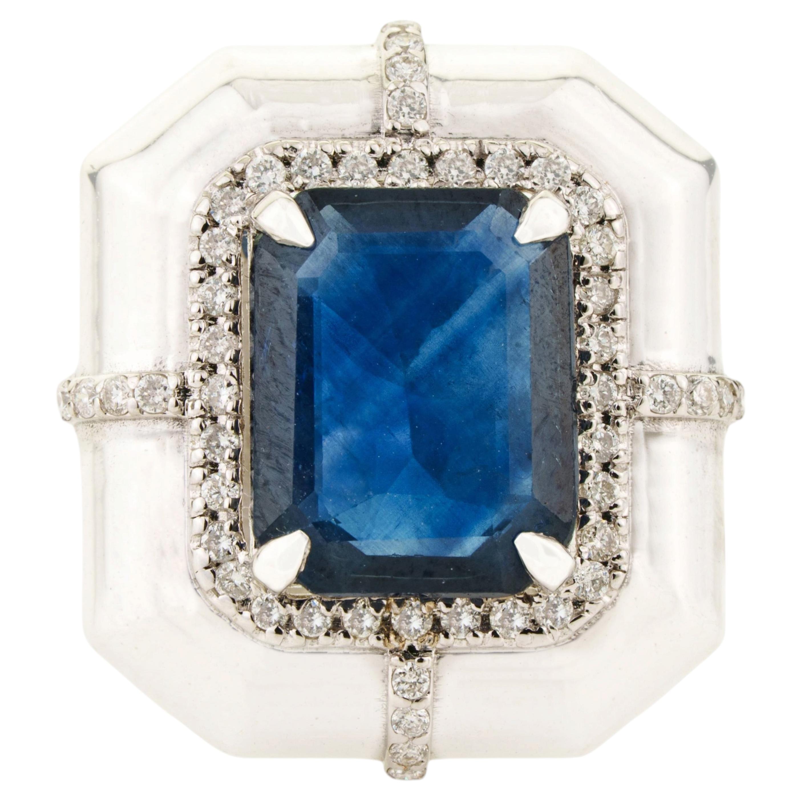 Im Angebot: 3,63ct Emerald-Cut Blauer Saphir Diamant Halo Ring in 18K Weißgold ()