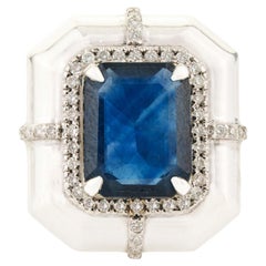3.63ct Emerald-Cut Blue Sapphire Diamond Halo Ring in 18K White Gold