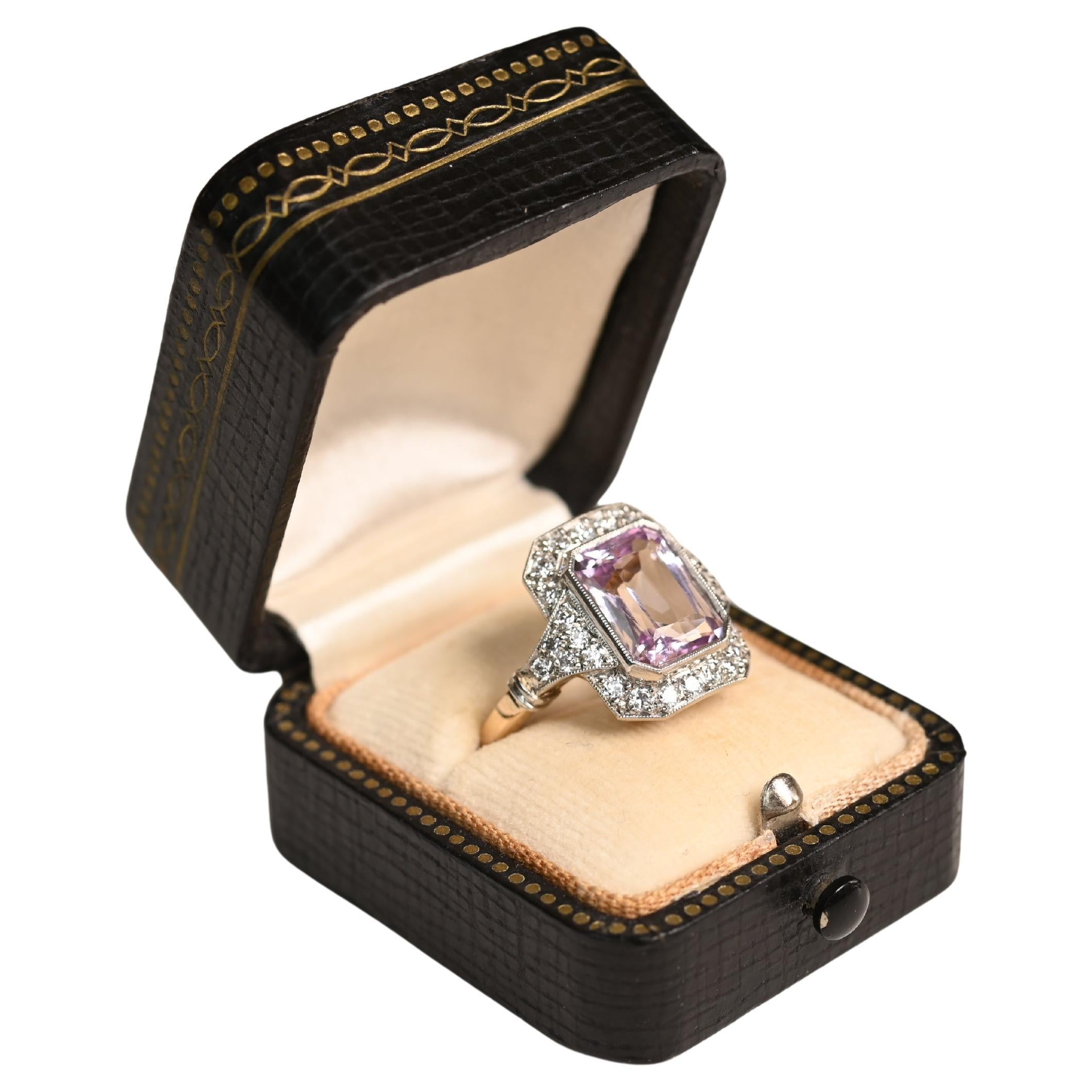 Emerald Cut Kunzite Halo Ring (Approx. 3.60-Carats), Platinum, 18K Yellow Gold