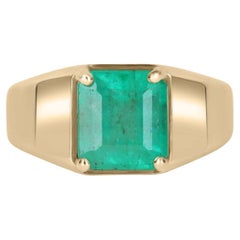 3.63cts 18K Colombian Emerald-Emerald Cut Solitaire Bezel Gold Ring
