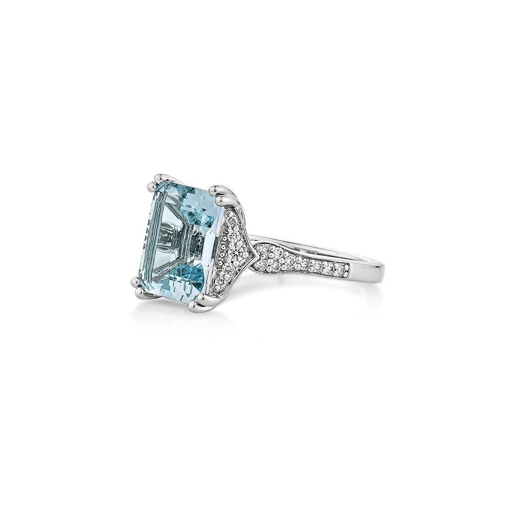 Octagon Cut 3.64 Carat Aquamarine Fancy Ring in 18Karat White Gold with White Diamond.   For Sale