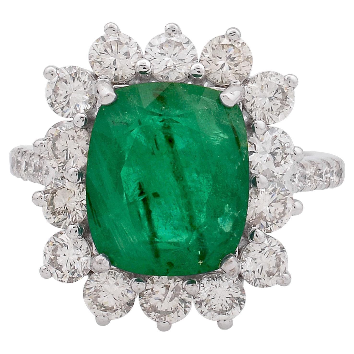 3.64 Carat Emerald Cocktail Ring 1.55 Carat SI/H Diamond 18 Karat White Gold