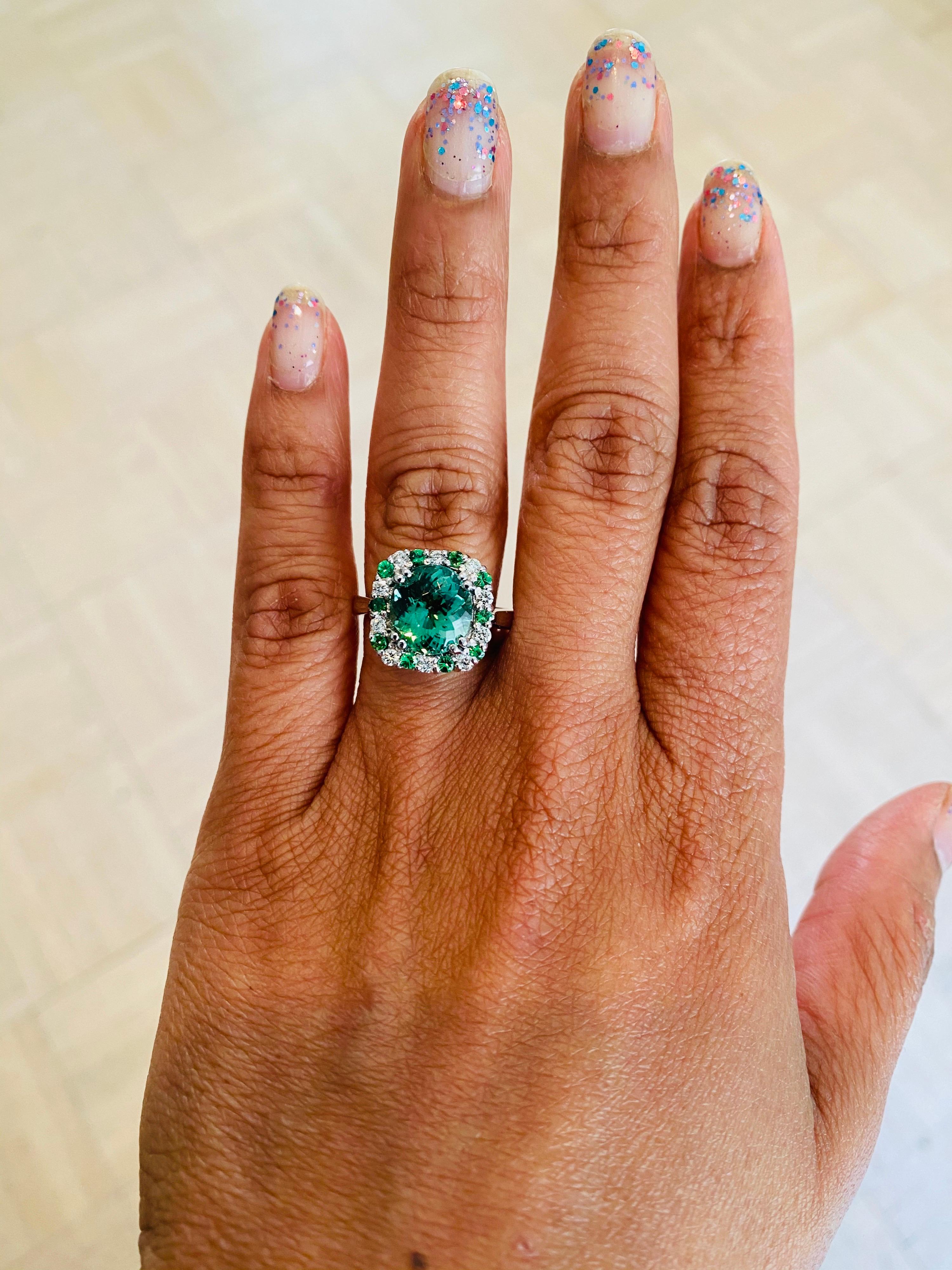 3.64 Carat Green Tourmaline Diamond 14 Karat White Gold Cocktail Ring In New Condition In Los Angeles, CA