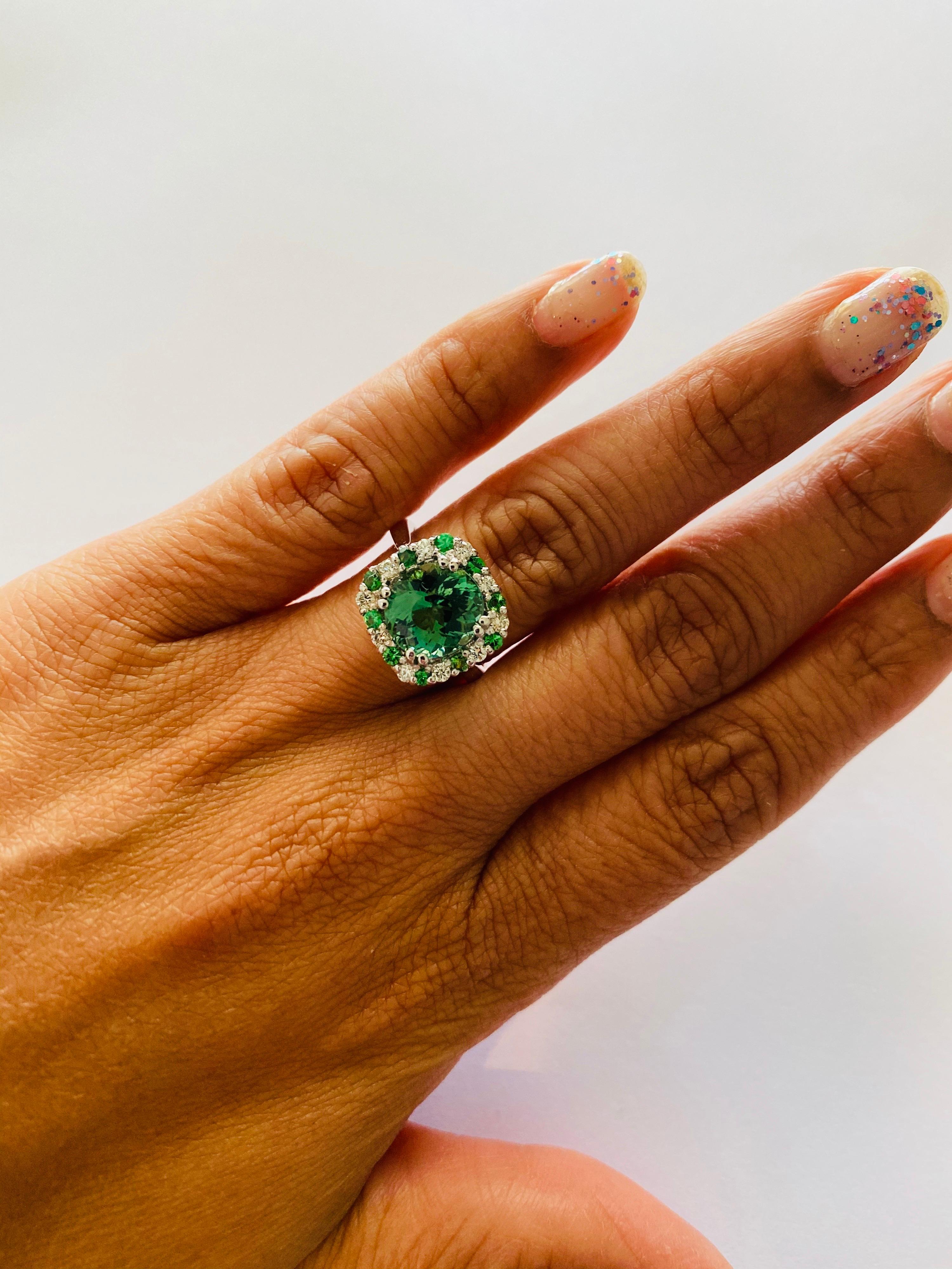 Women's 3.64 Carat Green Tourmaline Diamond 14 Karat White Gold Cocktail Ring