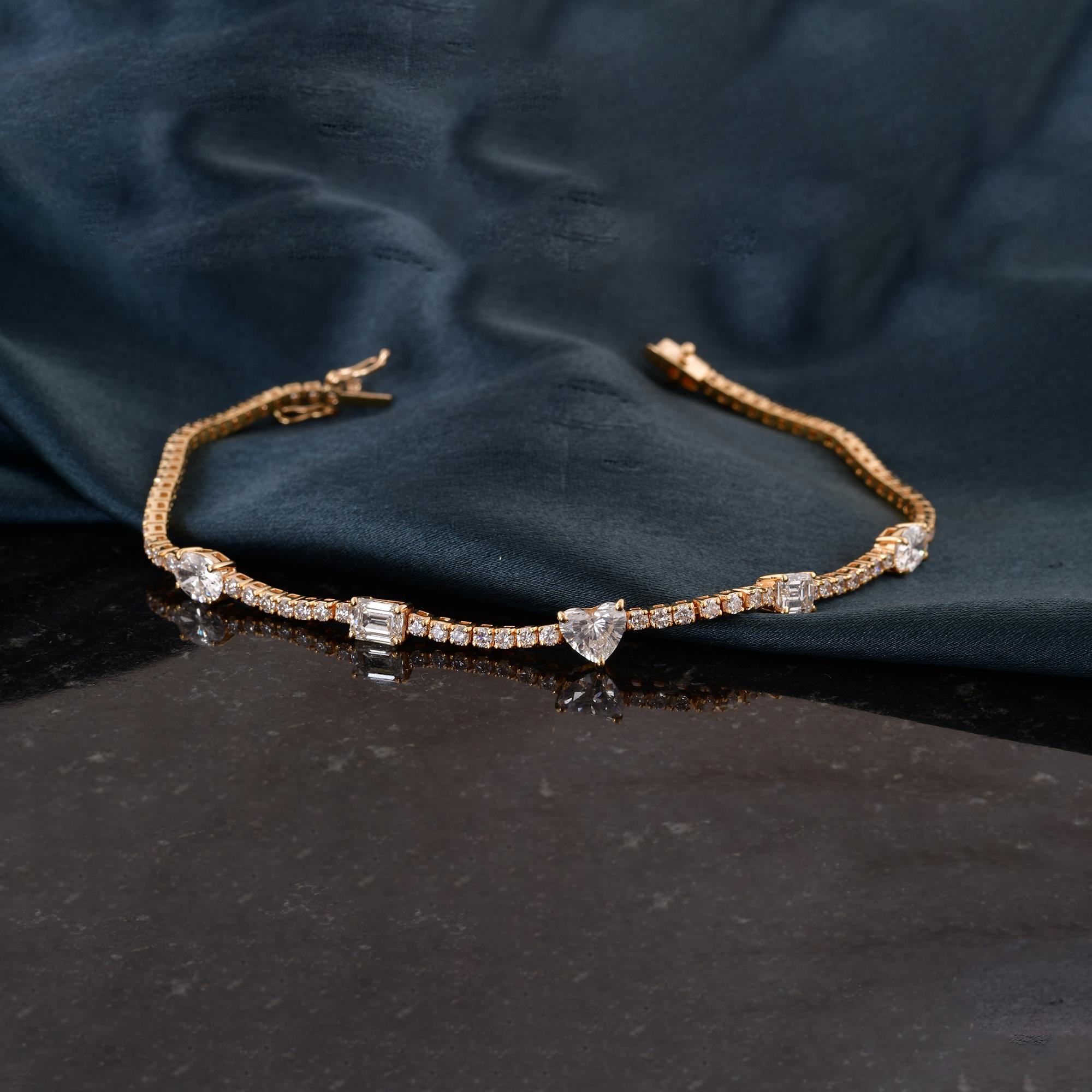 Heart Cut 3.64 Carat Multi Shape Diamond Bracelet 14 Karat Yellow Gold Handmade Jewelry For Sale