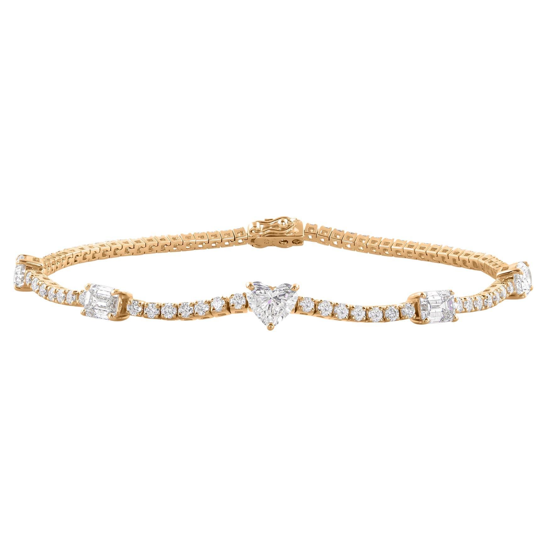 3.64 Carat Multi Shape Diamond Bracelet 14 Karat Yellow Gold Handmade Jewelry For Sale