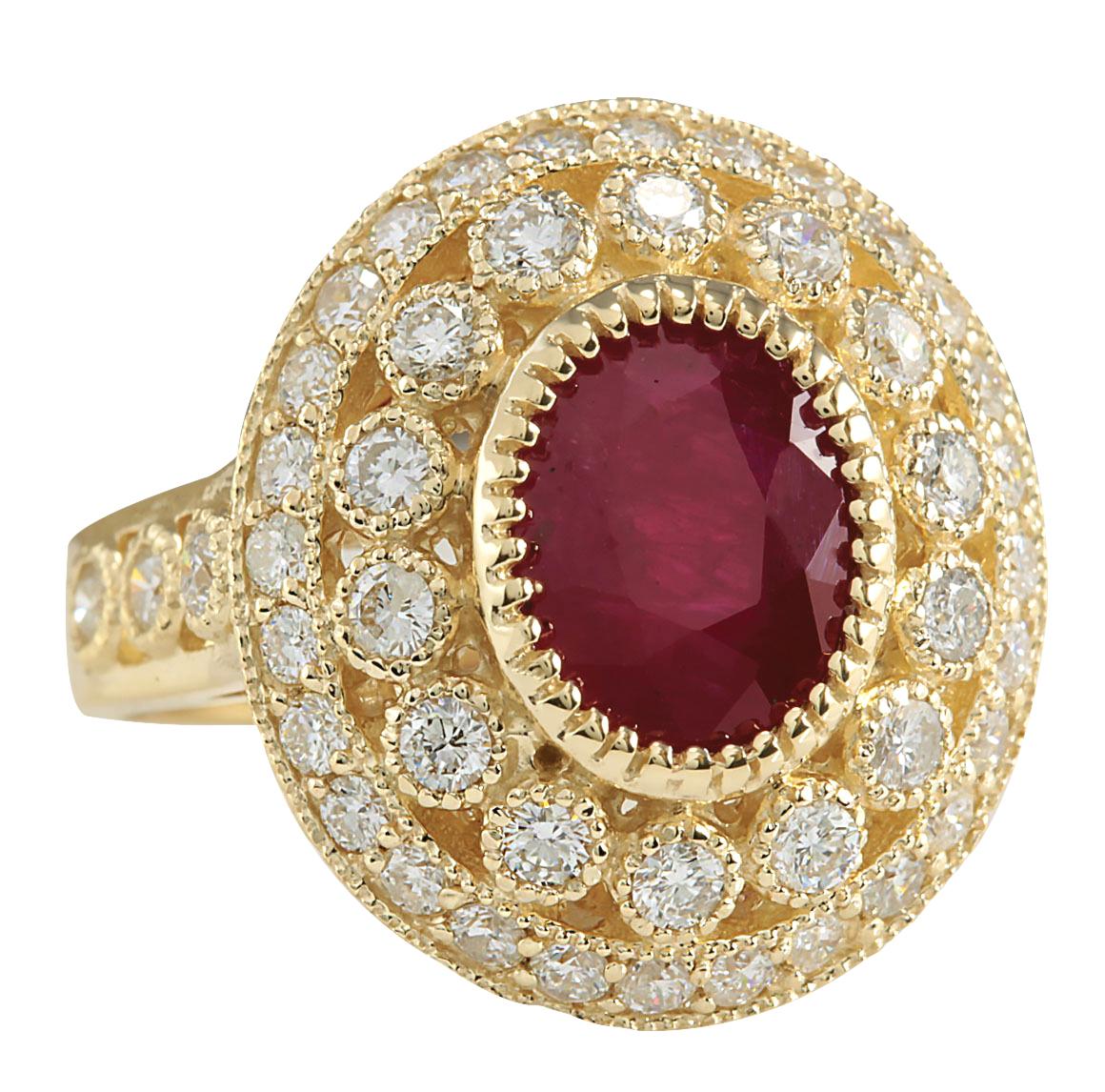 3.64 Carat Natural Ruby 14 Karat Yellow Gold Diamond Ring
Stamped: 14K Yellow Gold
Total Ring Weight: 7.8 Grams
Total Natural Ruby Weight is 2.44 Carat (Measures: 11.00x9.00 mm)
Color: Red
Total Natural Diamond Weight is 1.20 Carat
Color: F-G,