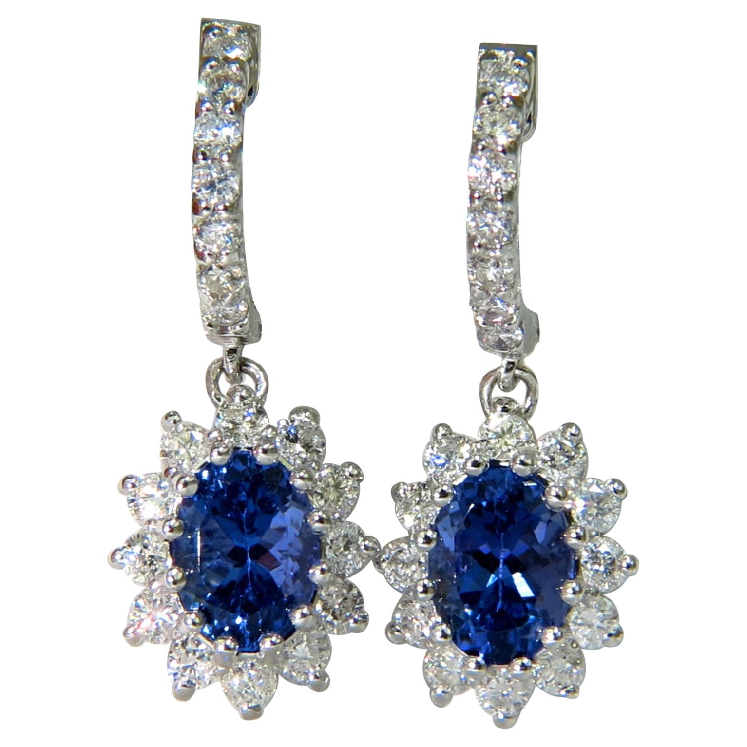 3.64 Carat Natural Tanzanite Diamonds Dangle Earring 14 Karat Hoop / Cluster