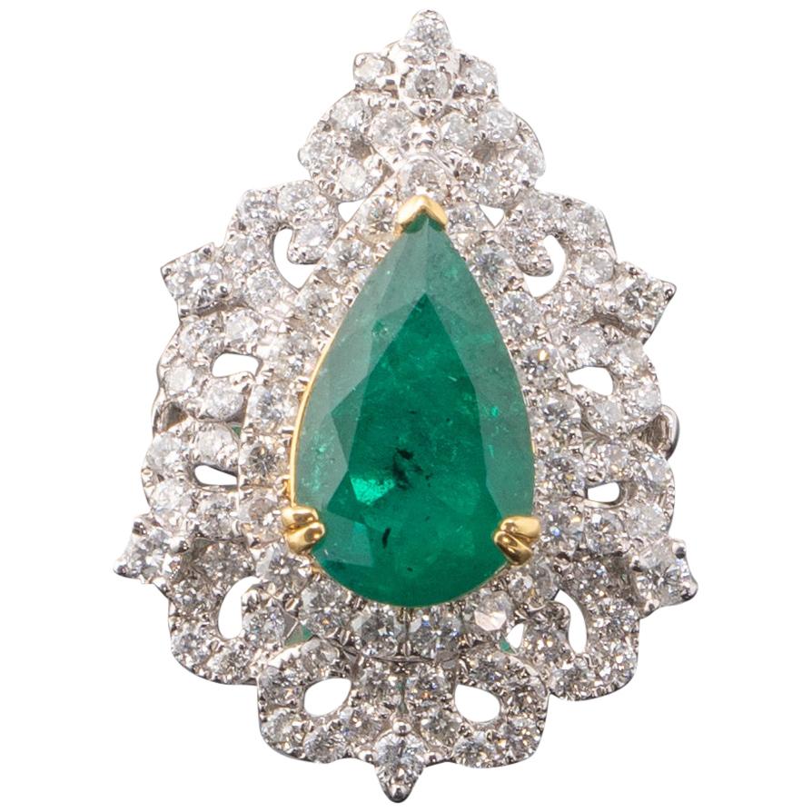 3.64 Carat Pear Shape Emerald and Diamond 18 Karat Gold Cocktail Ring For Sale