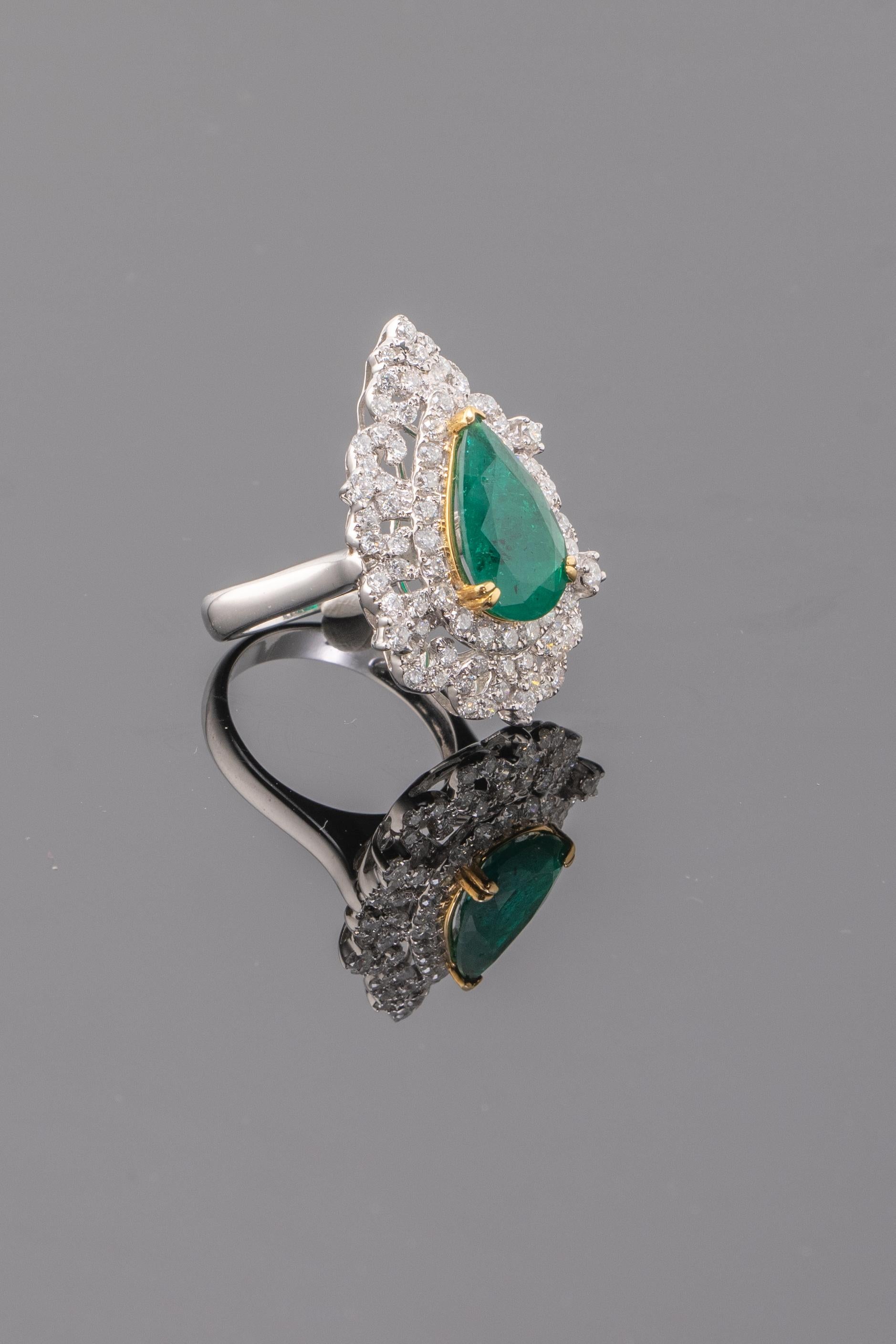 Make a statement with this 3.64 carat pear shape, natural Zambian Emerald ring with 2.30 carat White Diamonds all set in solid 9.68 grams of 18K White Gold. The ring size is currently US 6, we provide free resizing service.
Free shipping provided.