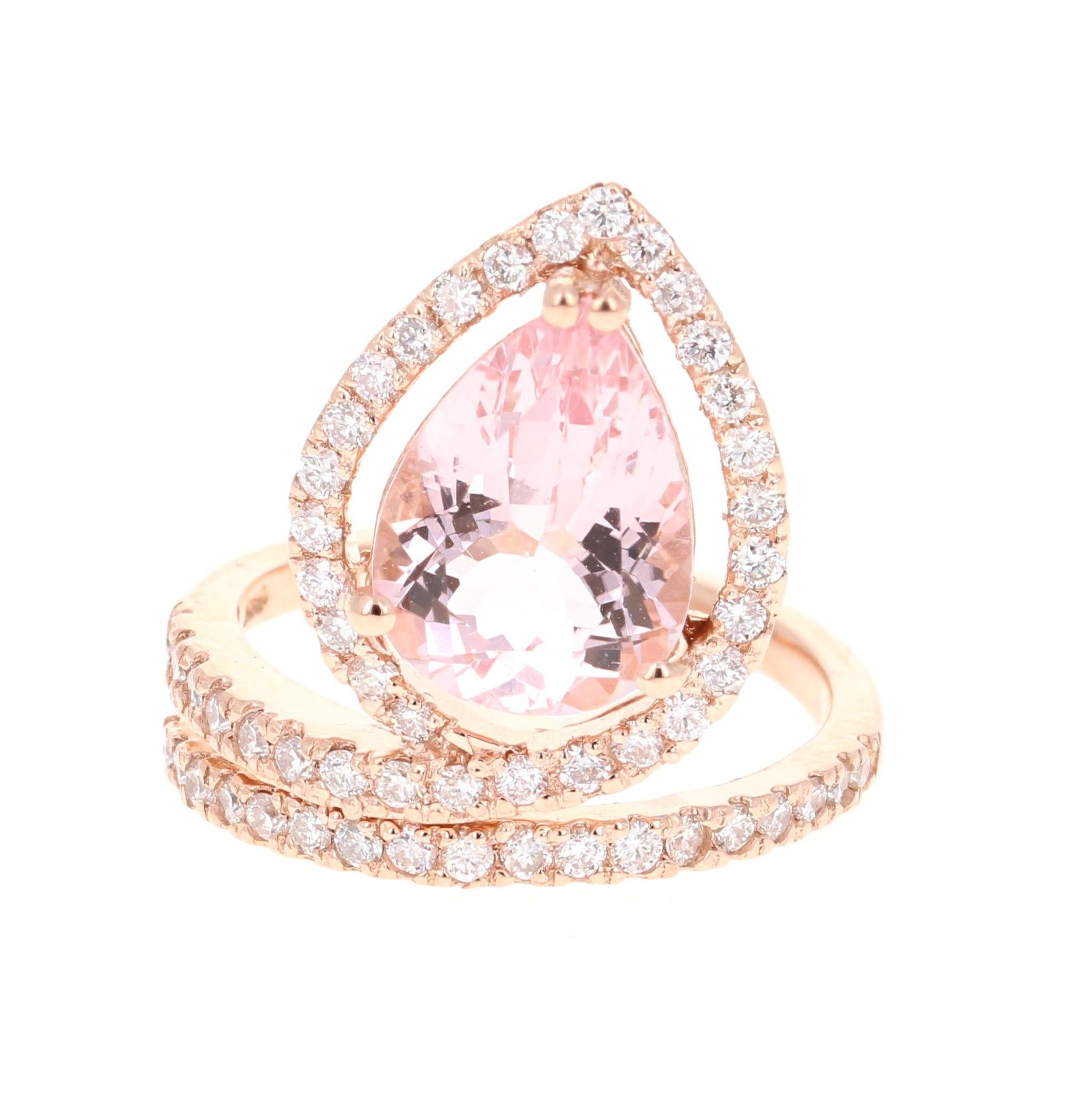 An affordable alternative to a Pink Diamond!

This beautifully and uniquely crafted ring has large Pear Cut Pink Morganite that weighs 2.92 carats as its center stone.  And it is surrounded by 53 Round Cut Diamonds that weigh 0.72 carats.  The