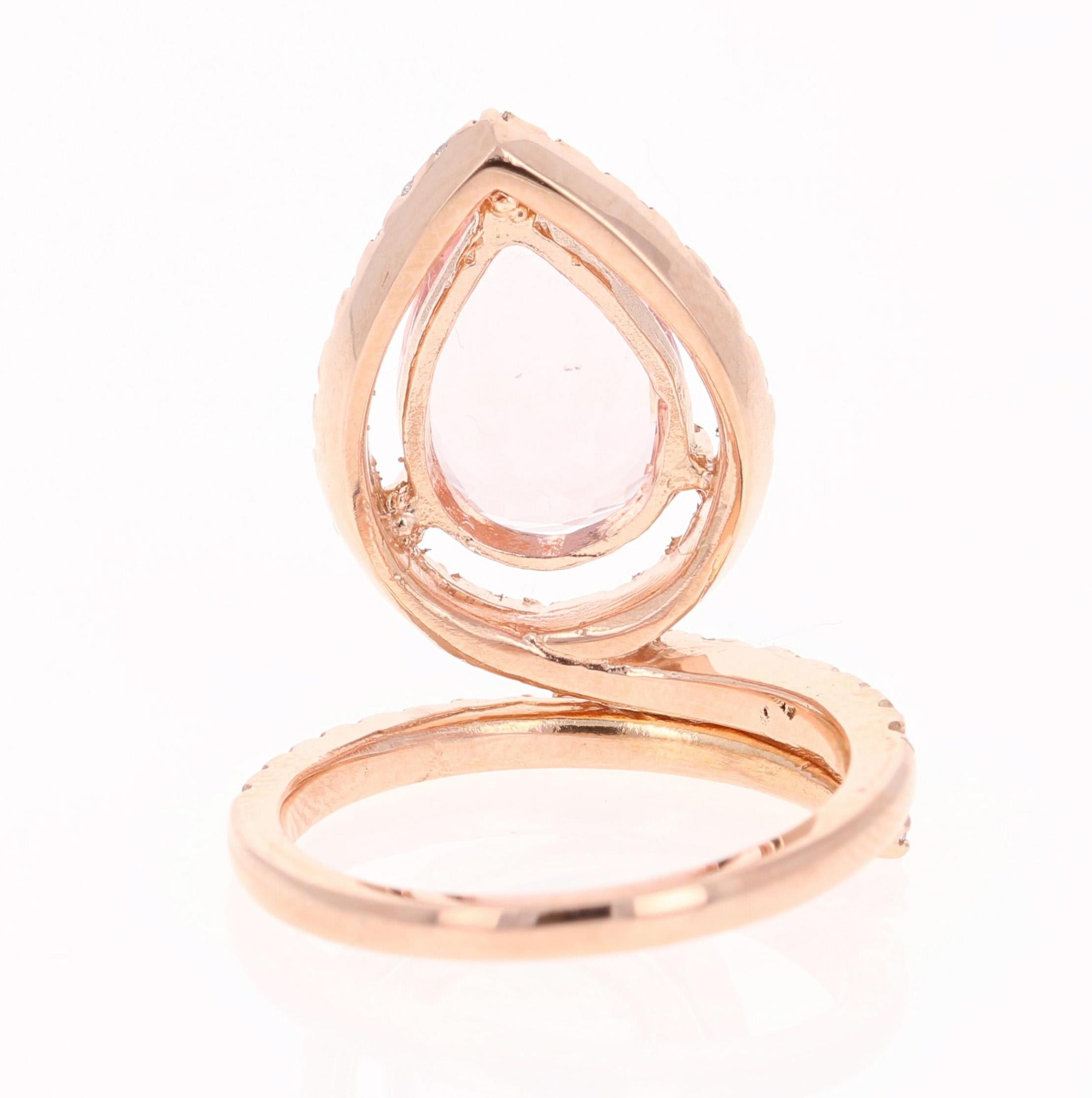 Pear Cut 3.64 Carat Pink Morganite Diamond 14 Karat Rose Gold Cocktail Ring