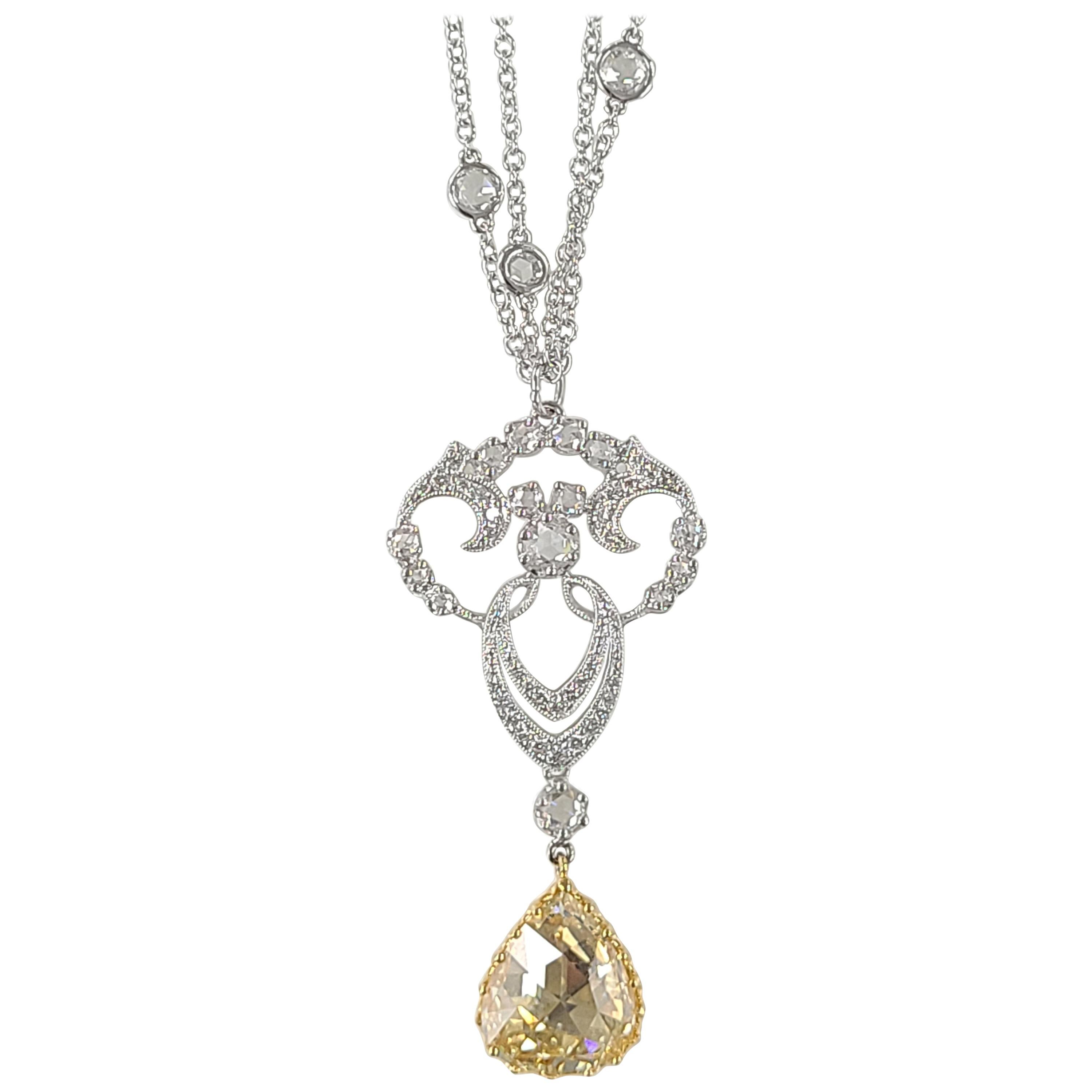 3.64 Carat Rose Cut Diamond Necklace Set in 18 Karat Gold 