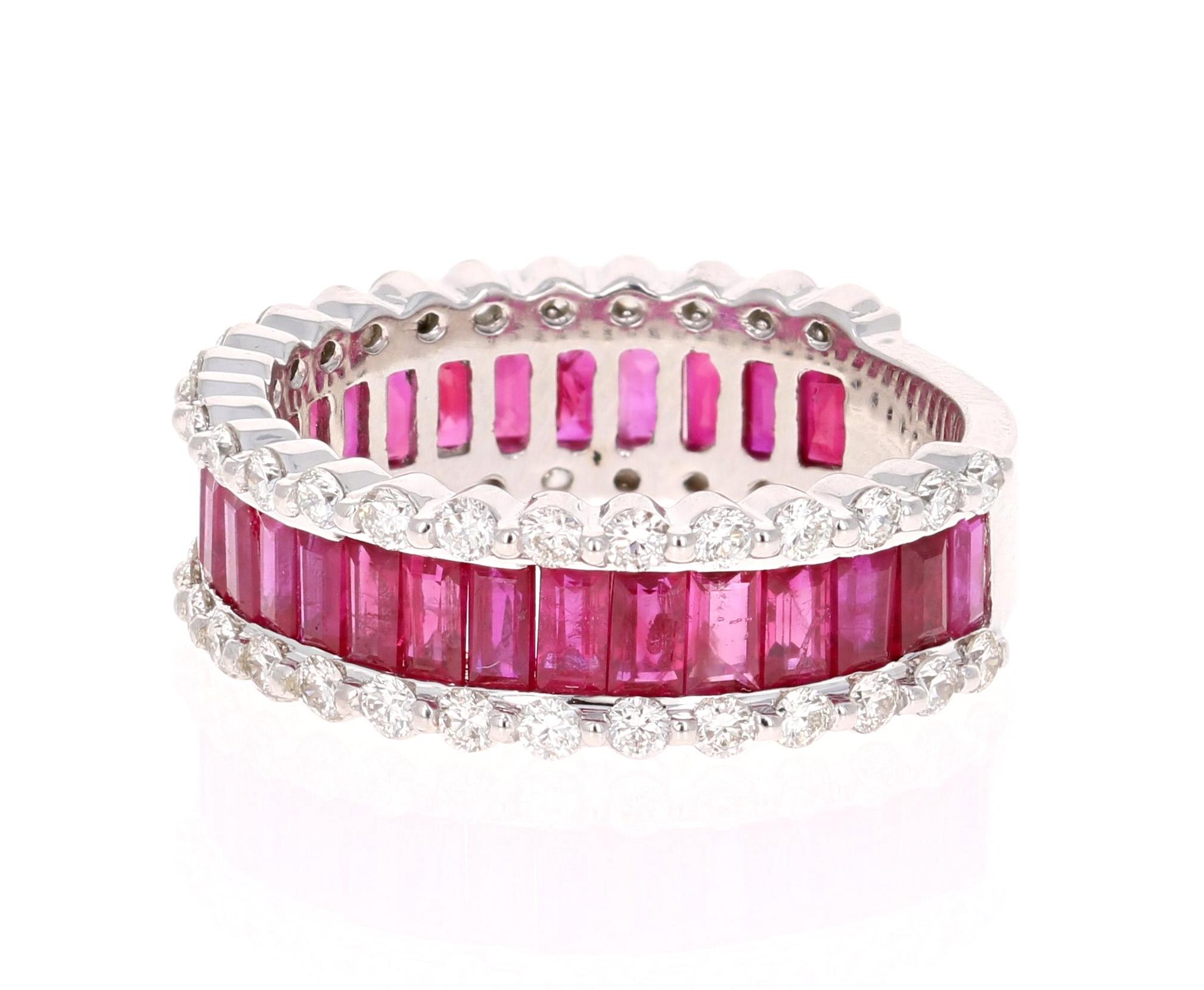A gorgeous Ruby and Diamond Band! A daily and dazzling stunner! 

This ring has 28 Baguette Cut Rubies that weigh 2.75 Carats and 50 Round Cut Diamonds that weigh 0.89 Carats with a clarity and color of VS-H. 

The ring is casted in 14K White Gold