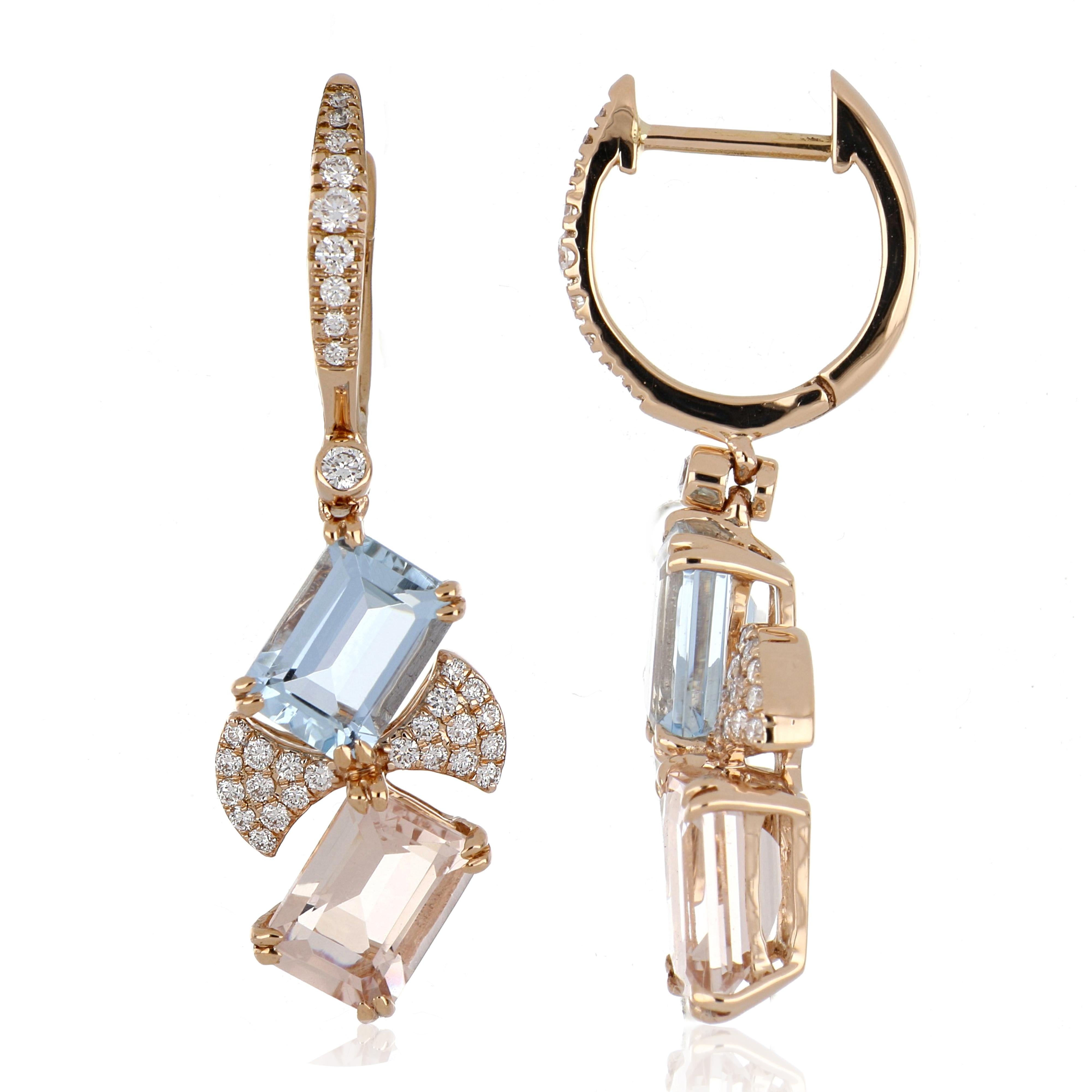 Elegant and Exquisitely detailed Mismatched Dangling Gold Earrings, set with 1.82 Ct (total ) Aquamarine, 1.82 Cts (total)  Morganite, accented with micro pave Diamonds, weighing approx. 0.31 Cts. total carat weight. Beautifully Hand crafted in 18