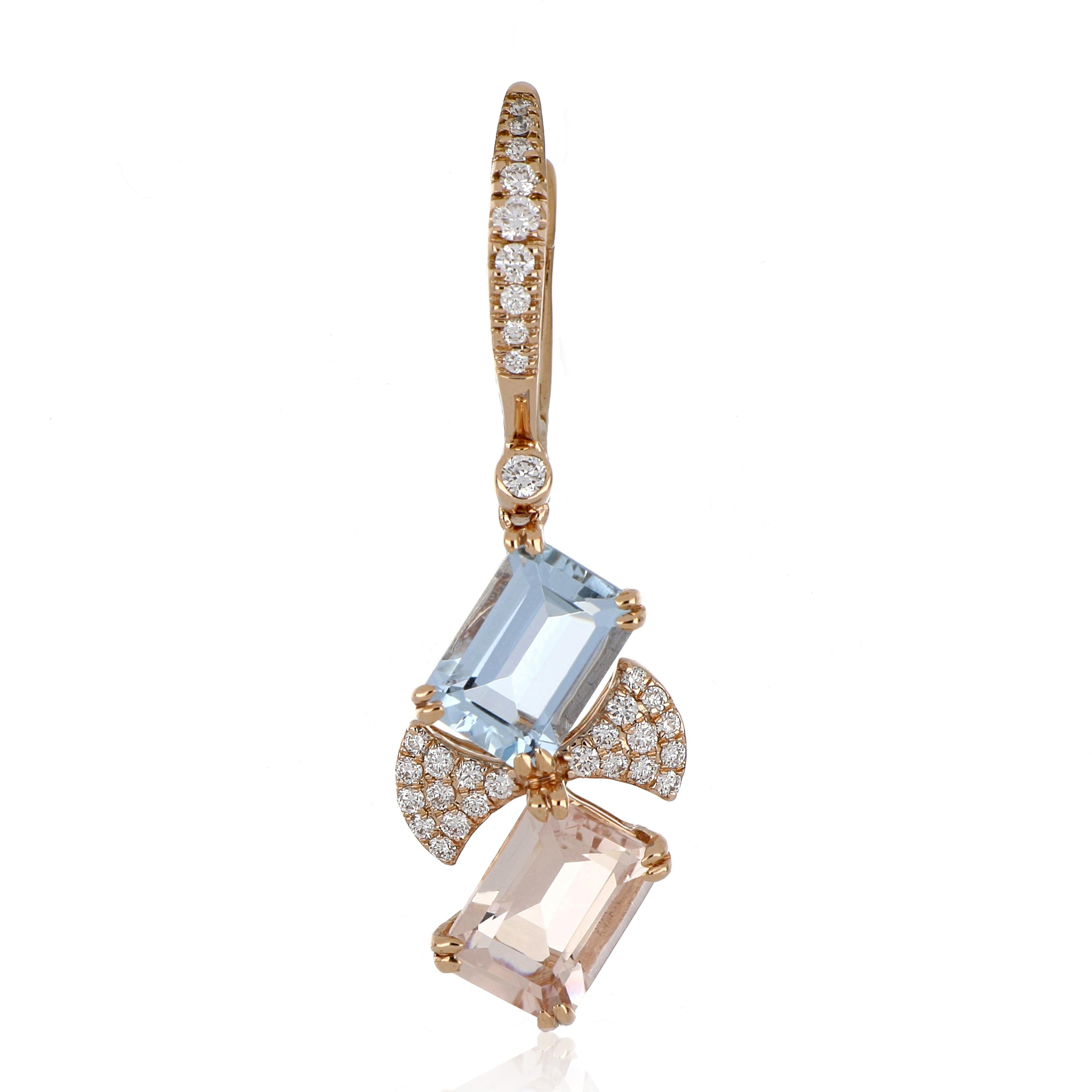 Contemporary 3.64 Carat Total Morganite and Aquamarine Earring with Diamonds in 18 Karat Gold For Sale