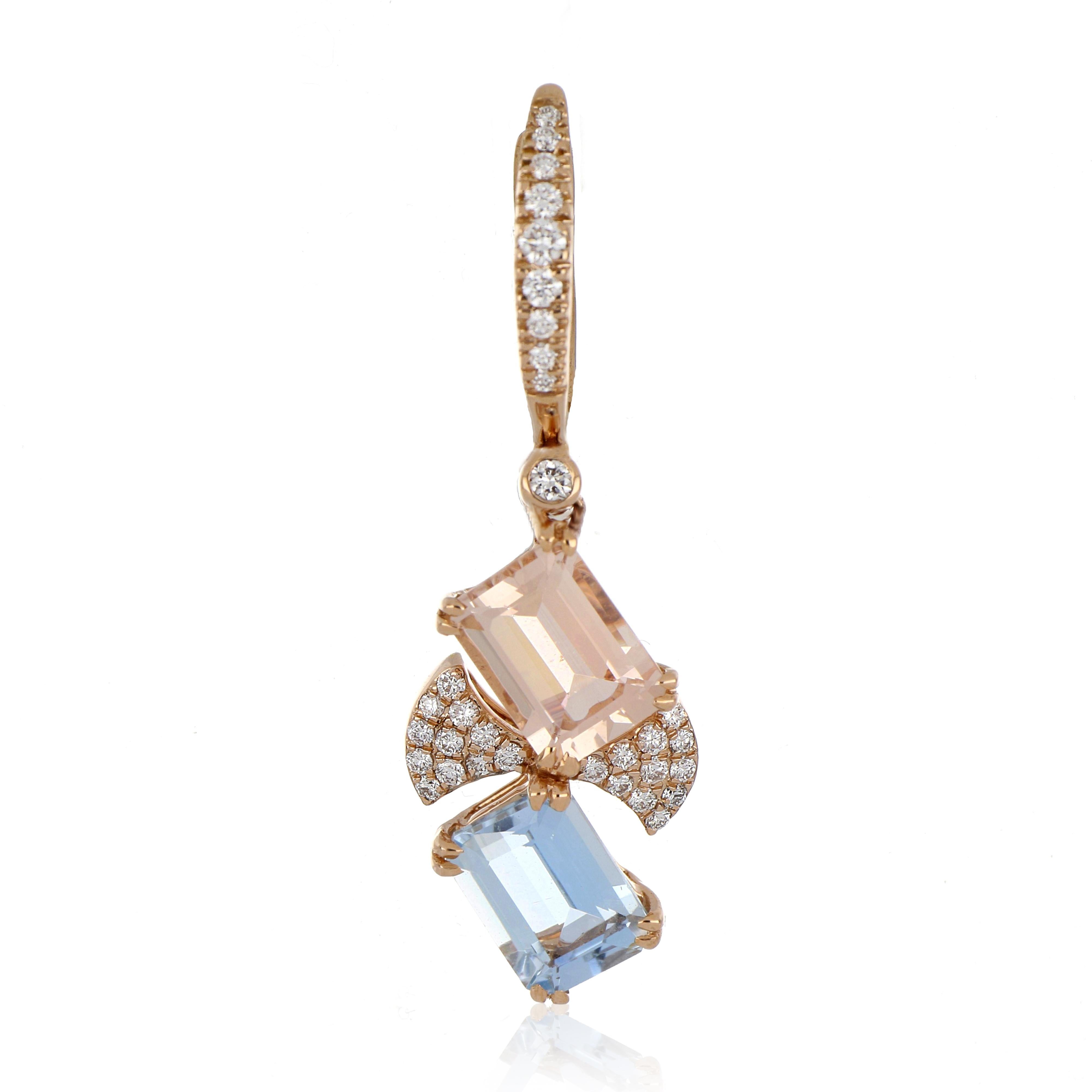 Octagon Cut 3.64 Carat Total Morganite and Aquamarine Earring with Diamonds in 18 Karat Gold For Sale