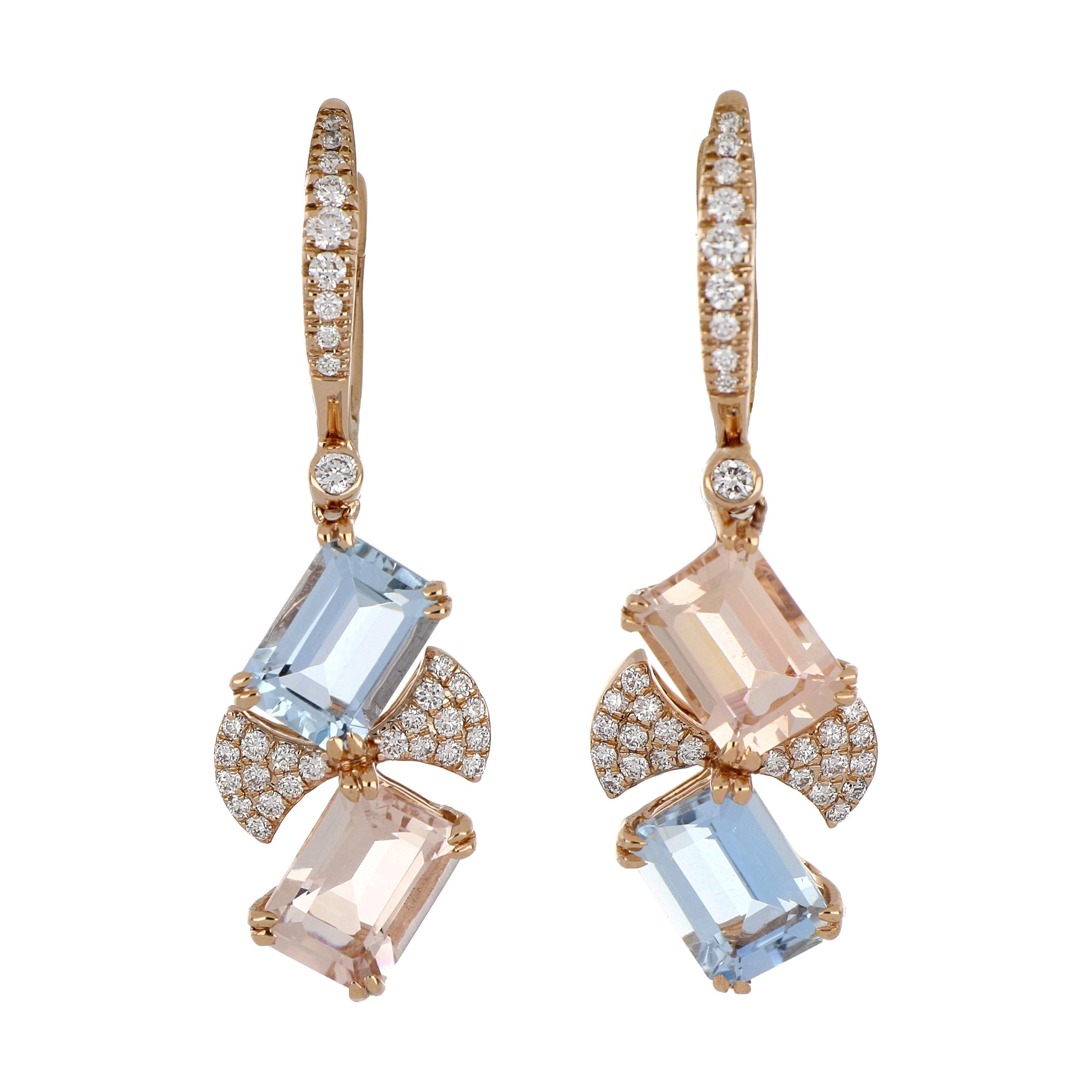 3.64 Carat Total Morganite and Aquamarine Earring with Diamonds in 18 Karat Gold For Sale