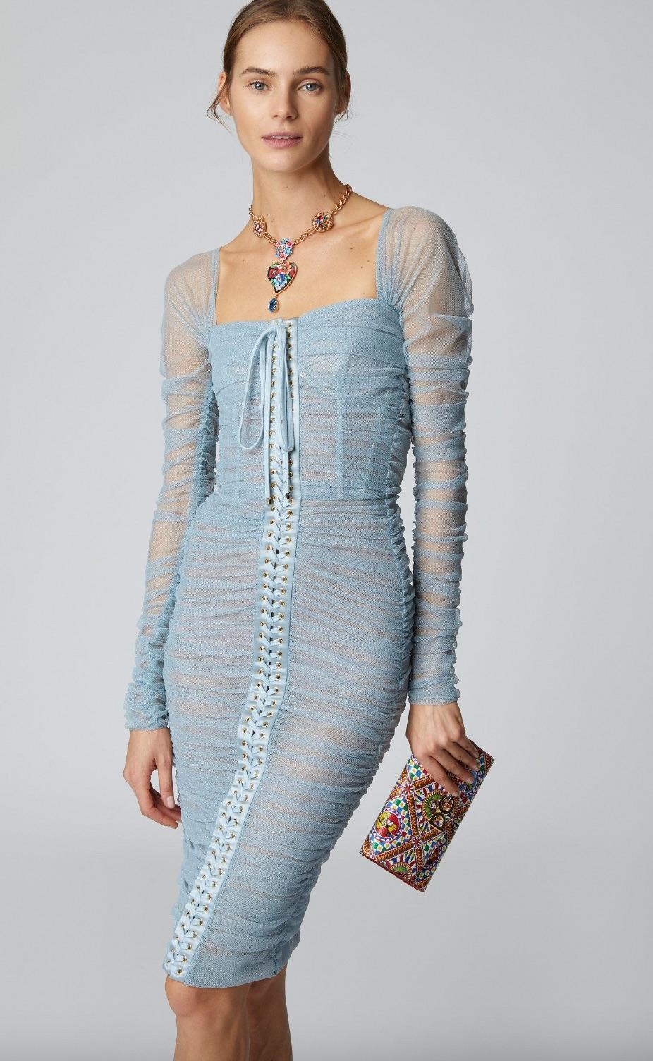 $3645 NWT Dolce&Gabbana Light Blue Tulle Sheer Lace-Up Ruched Midi Dress 11