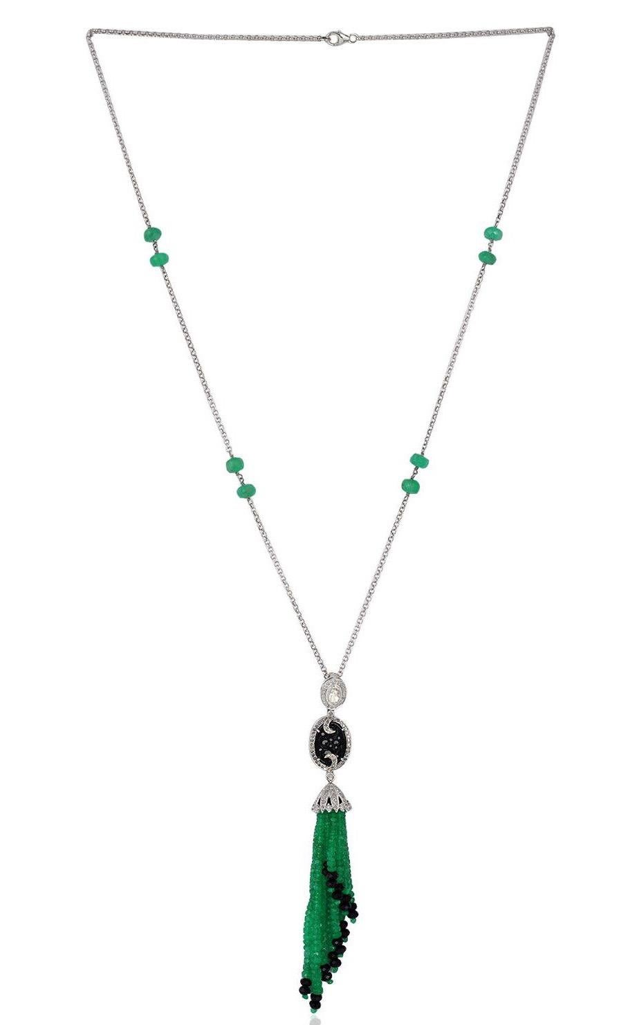 Artisan 36.49 Carat Emerald Onyx Diamond Tassel Necklace For Sale