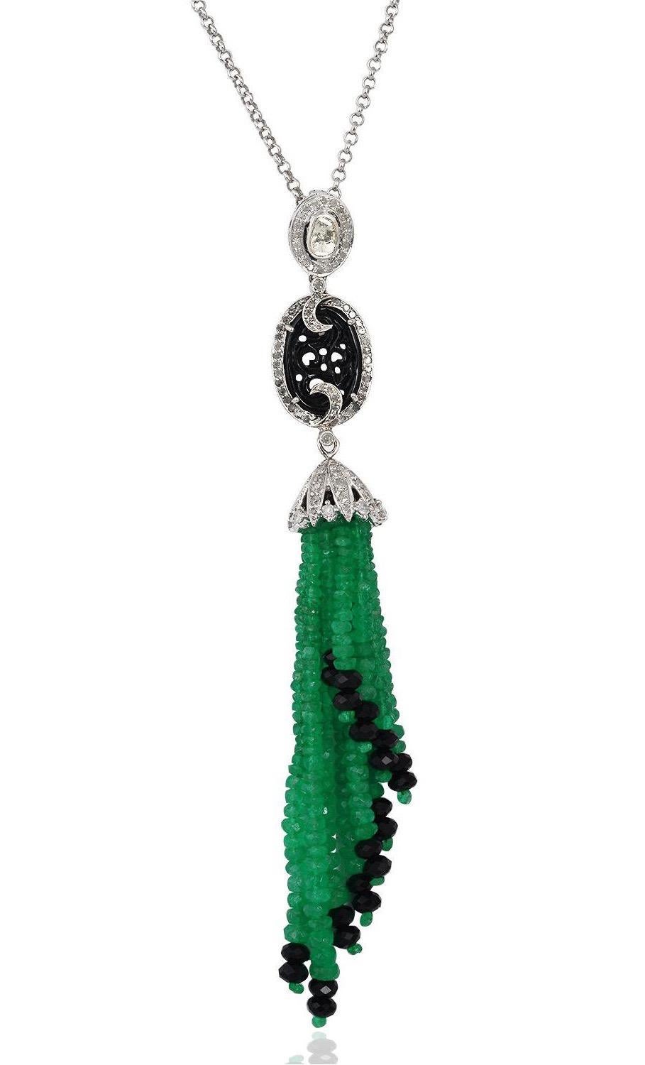 Oval Cut 36.49 Carat Emerald Onyx Diamond Tassel Necklace For Sale