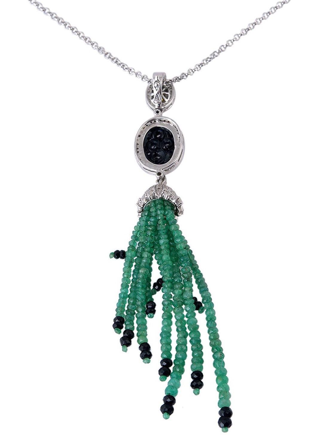 36.49 Carat Emerald Onyx Diamond Tassel Necklace In New Condition For Sale In Hoffman Estate, IL