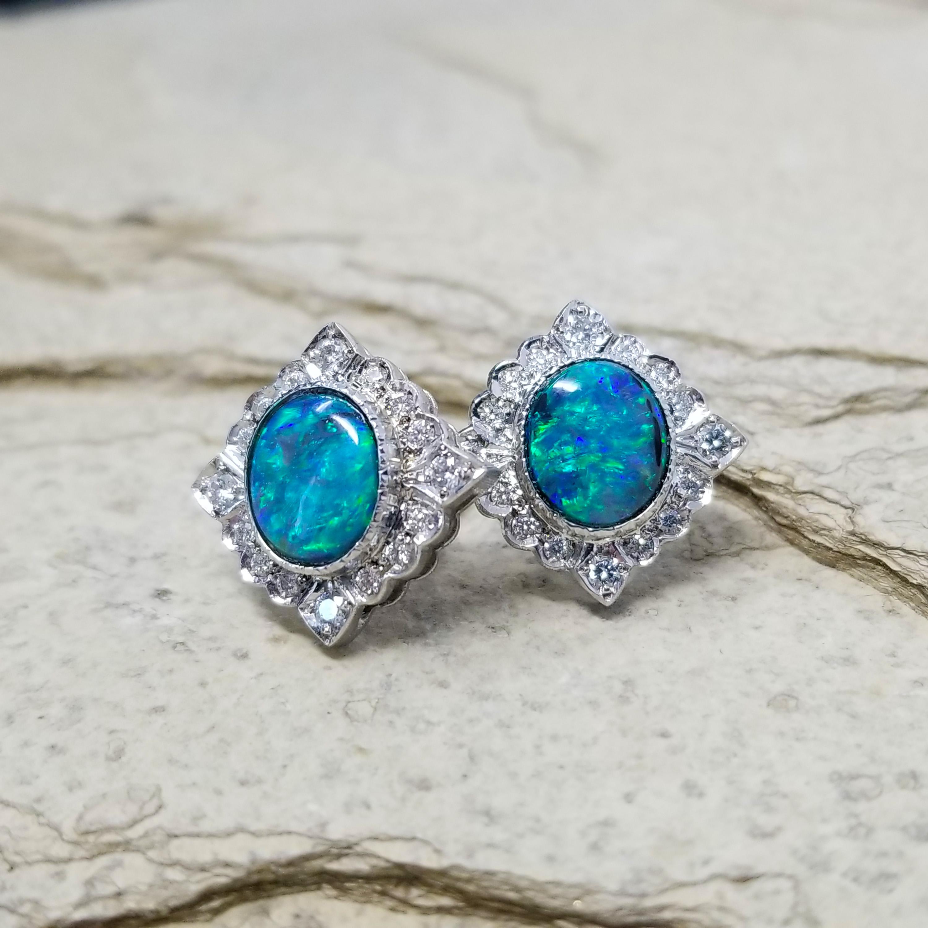 Contemporary 3.64ct Australian Black Opal, Diamond, and 18kt Alessia Earrings, Made in Italy