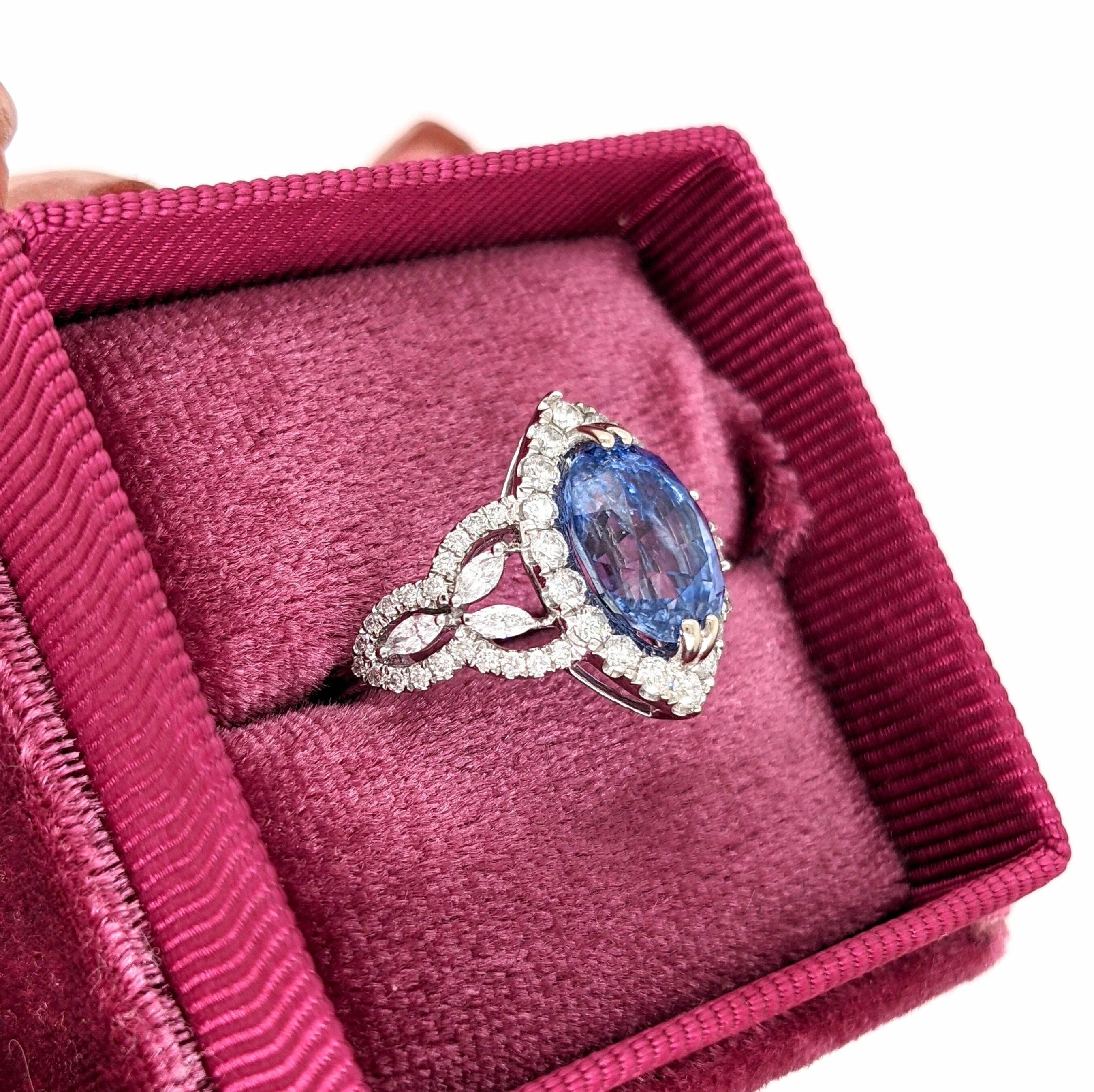 3.64ct Ceylon Sapphire Ring w Earth Mined Diamonds in Solid 14K Gold MQ 11.7x7mm For Sale 4