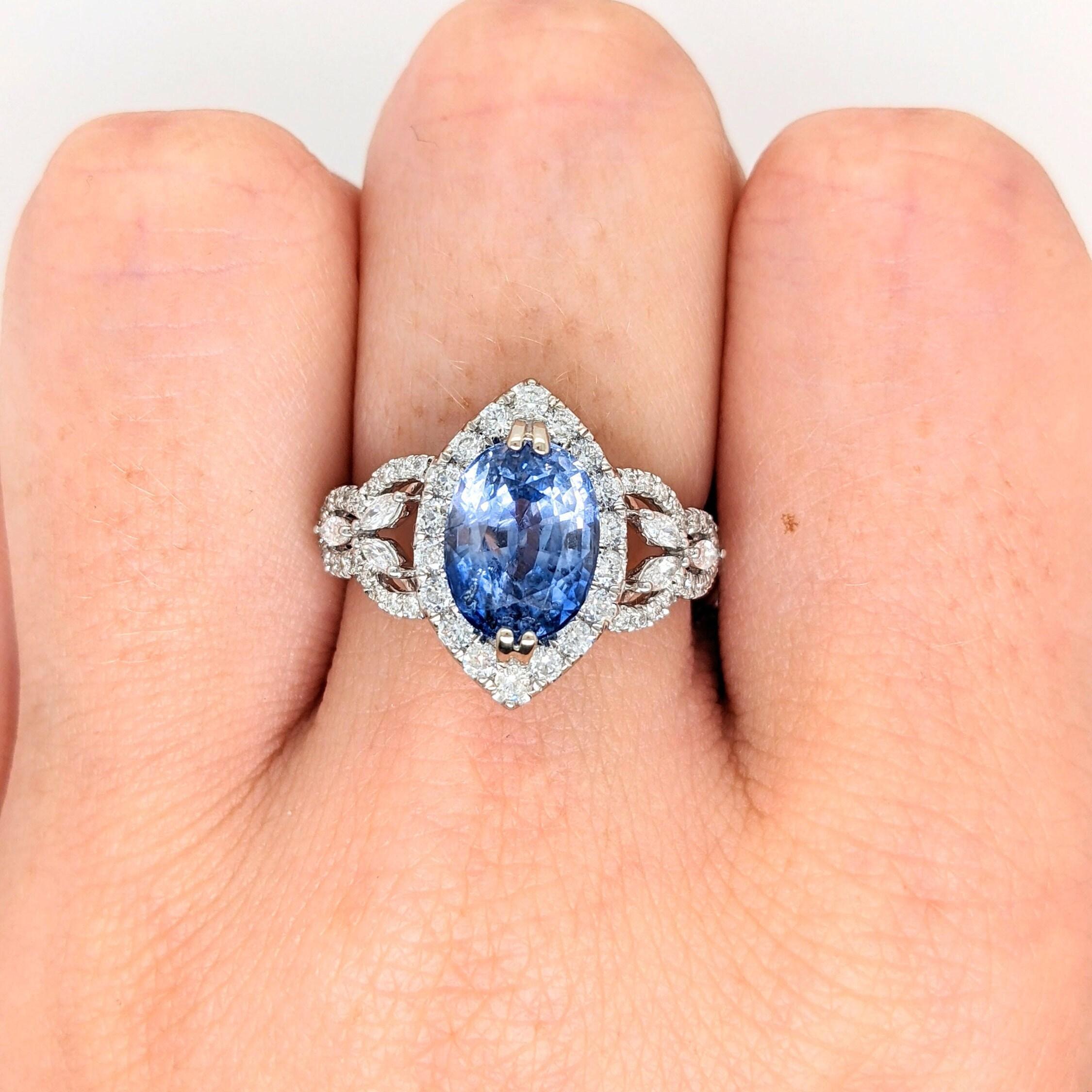 3.64ct Ceylon Sapphire Ring w Earth Mined Diamonds in Solid 14K Gold OV 11.7x7mm In New Condition For Sale In Columbus, OH