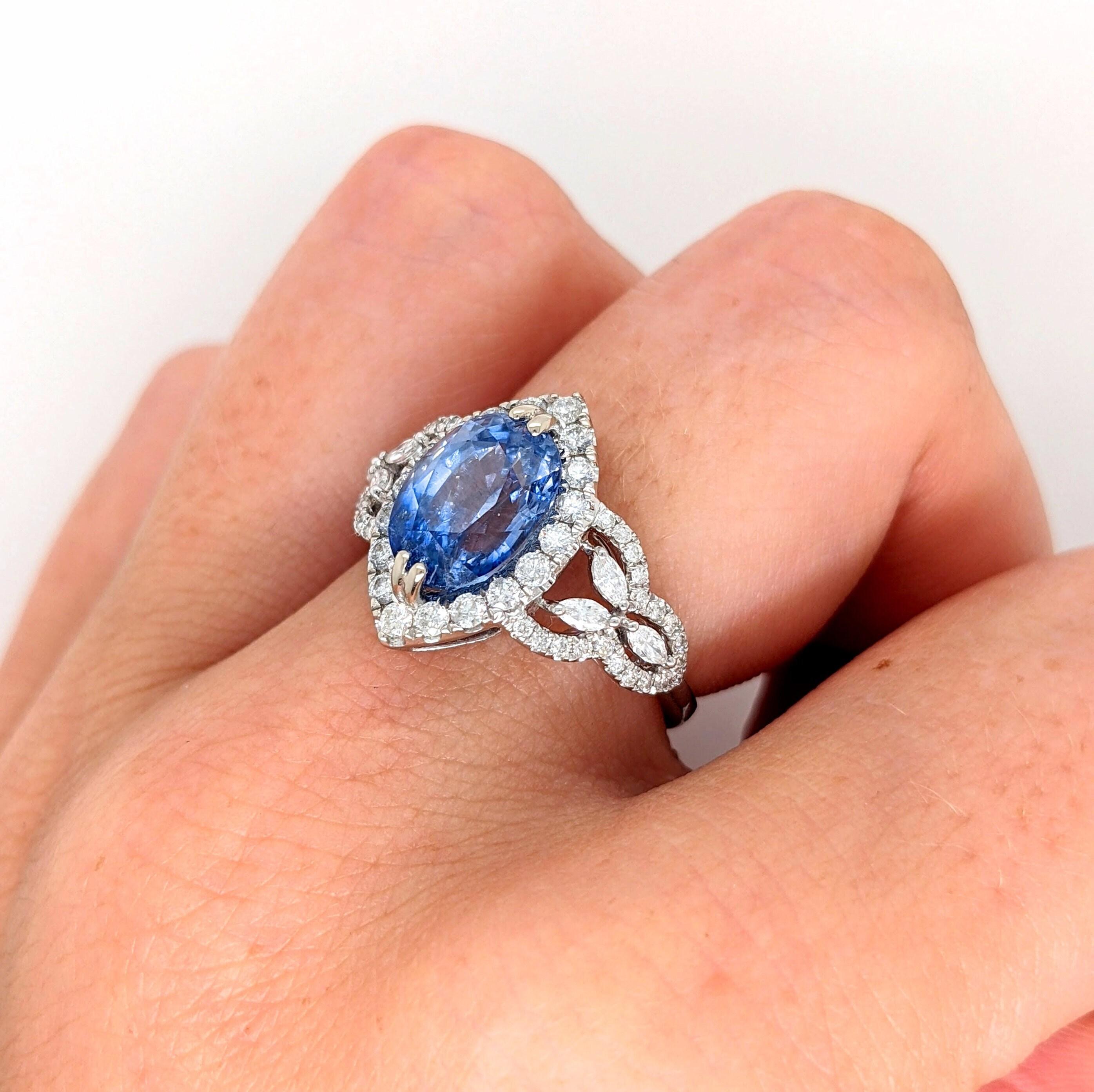 Women's 3.64ct Ceylon Sapphire Ring w Earth Mined Diamonds in Solid 14K Gold MQ 11.7x7mm For Sale