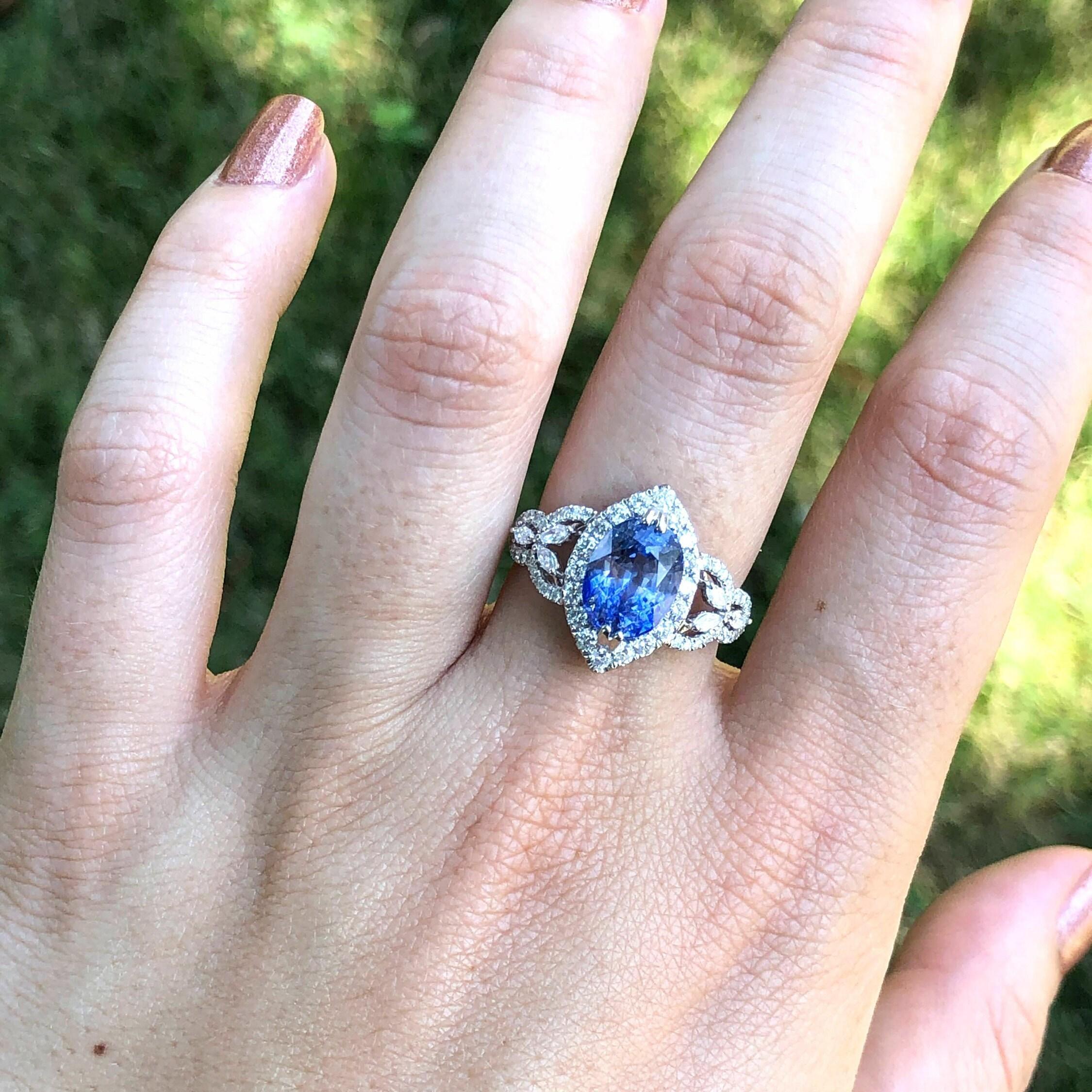3.64ct Ceylon Sapphire Ring w Earth Mined Diamonds in Solid 14K Gold OV 11.7x7mm For Sale 2
