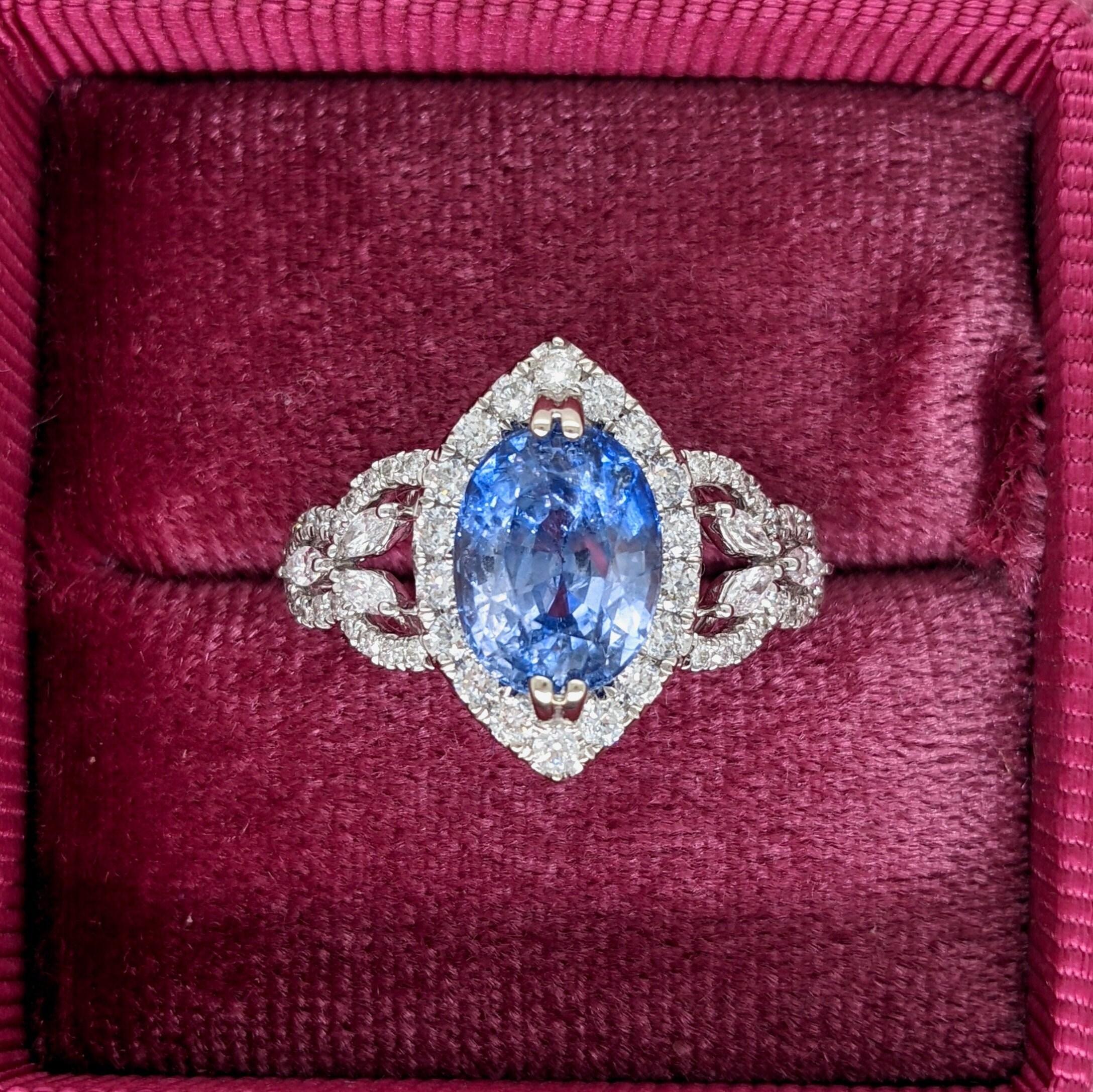 3.64ct Ceylon Sapphire Ring w Earth Mined Diamonds in Solid 14K Gold MQ 11.7x7mm For Sale 3