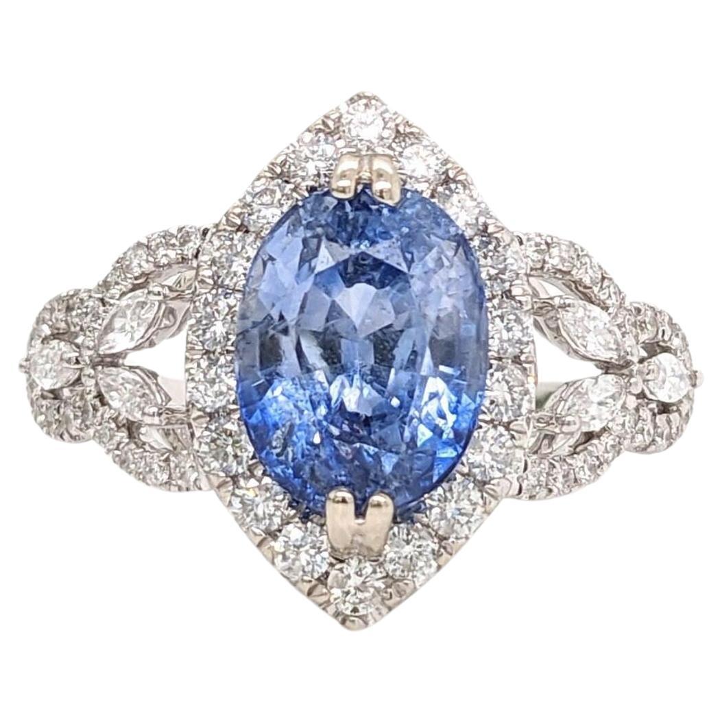 3.64ct Ceylon Sapphire Ring w Earth Mined Diamonds in Solid 14K Gold MQ 11.7x7mm For Sale