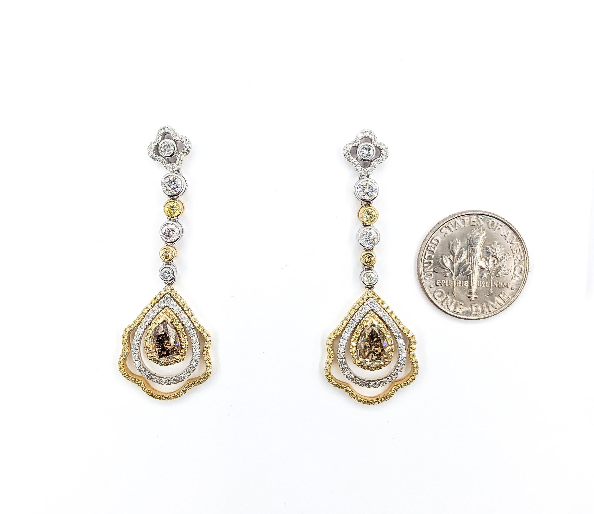 Contemporary 3.64ctw Diamonds Dangle Earrings In Two-Tone Gold For Sale