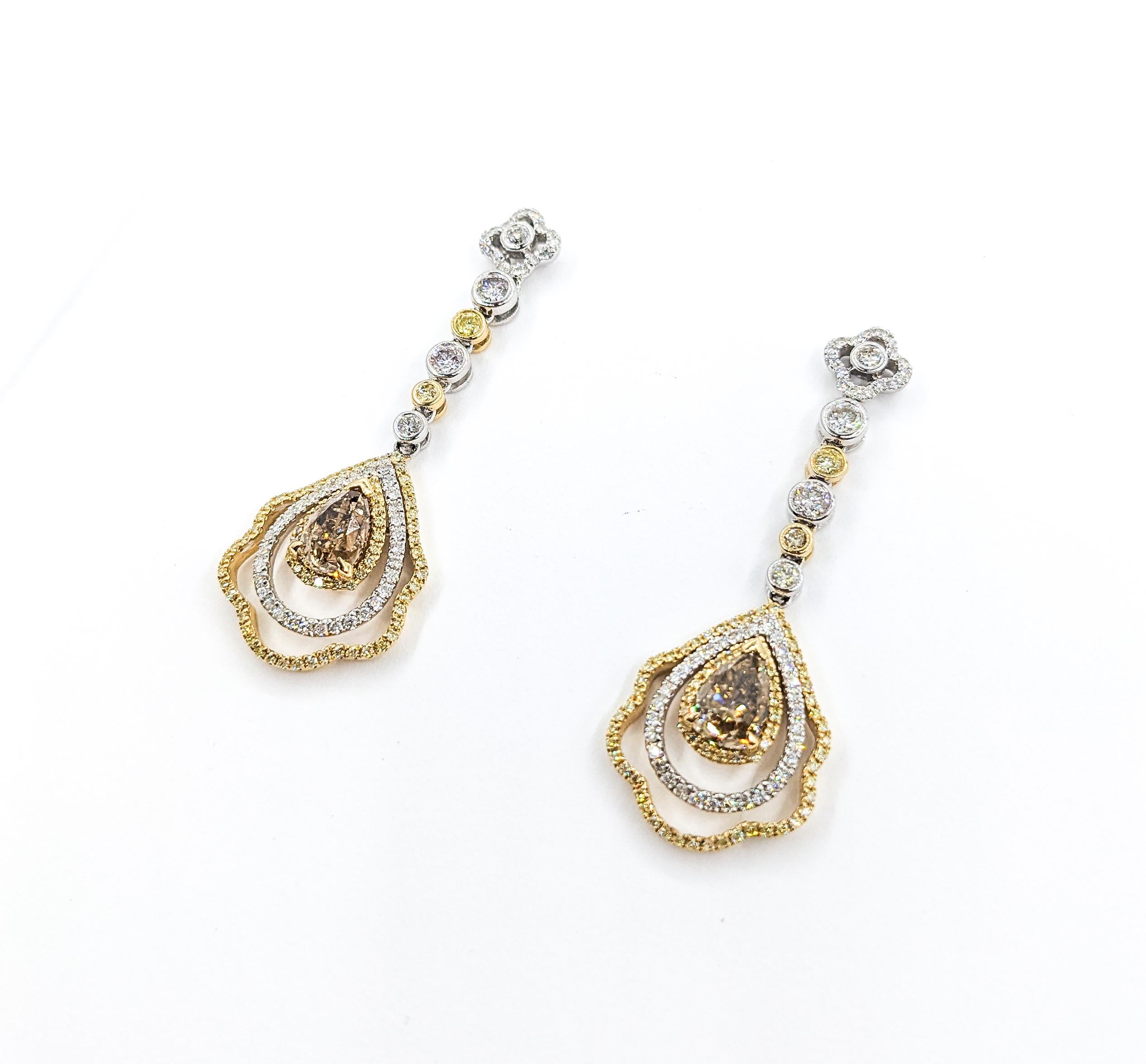 Pear Cut 3.64ctw Diamonds Dangle Earrings In Two-Tone Gold For Sale