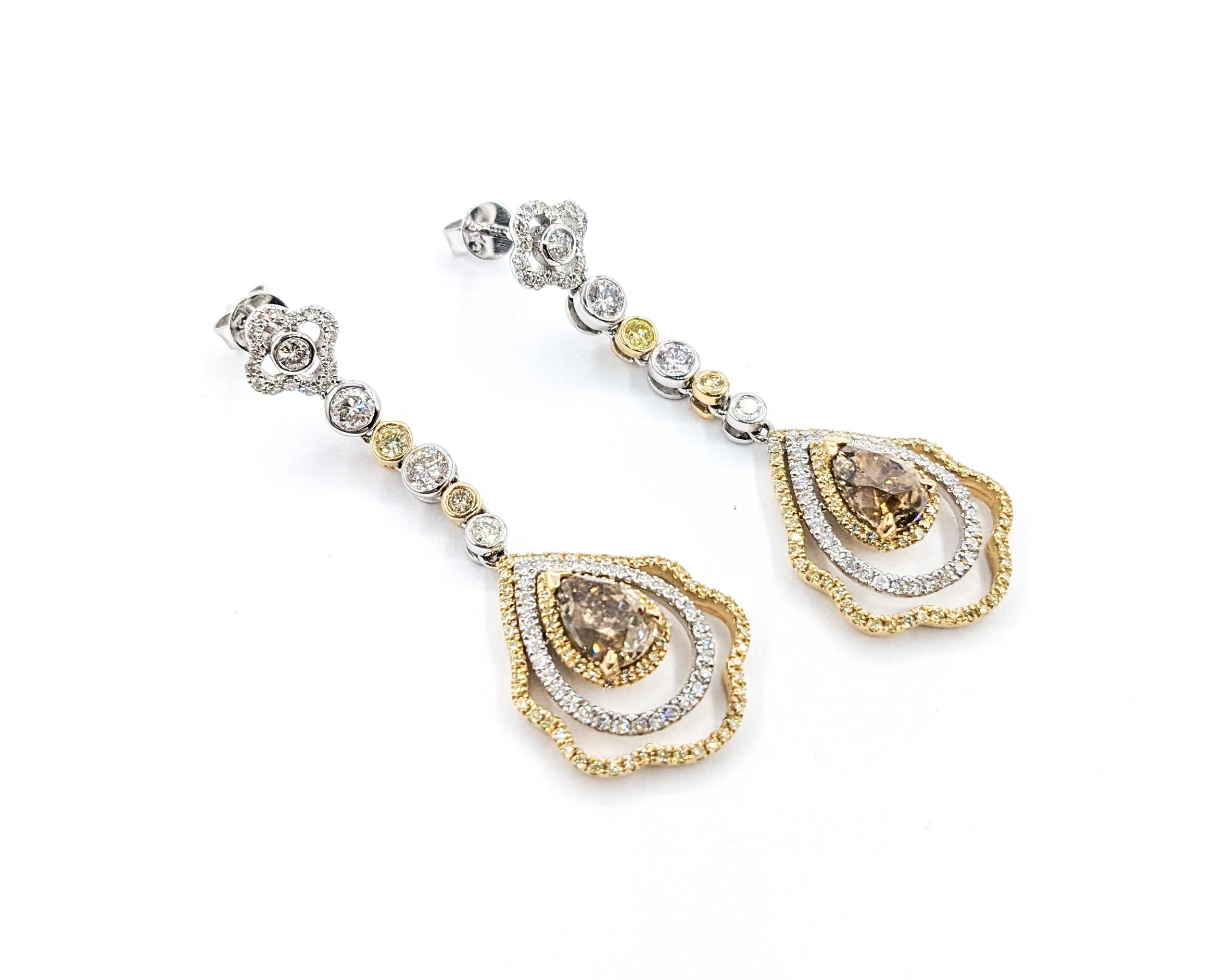 Women's 3.64ctw Diamonds Dangle Earrings In Two-Tone Gold For Sale