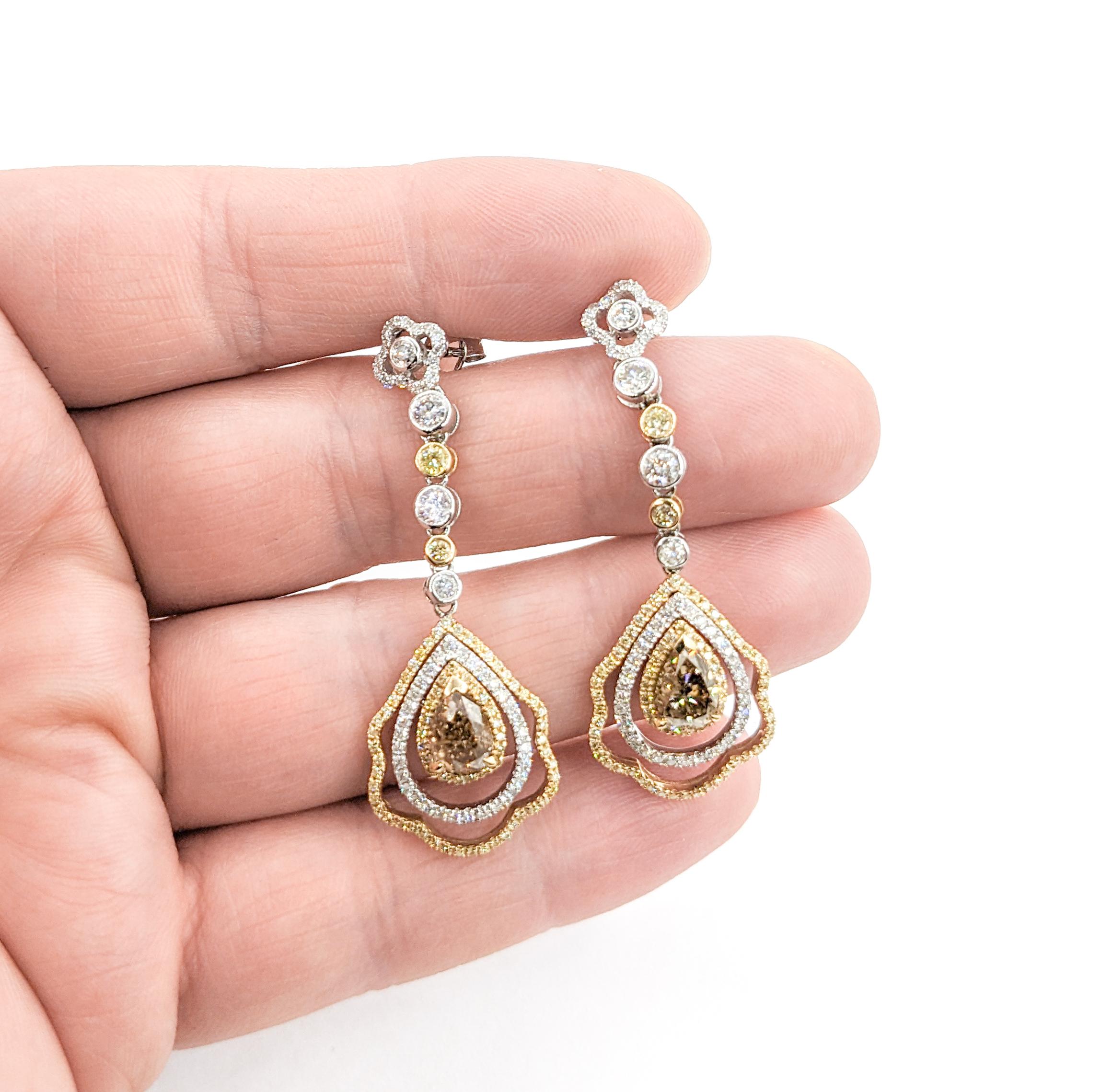 3.64ctw Diamonds Dangle Earrings In Two-Tone Gold For Sale 1