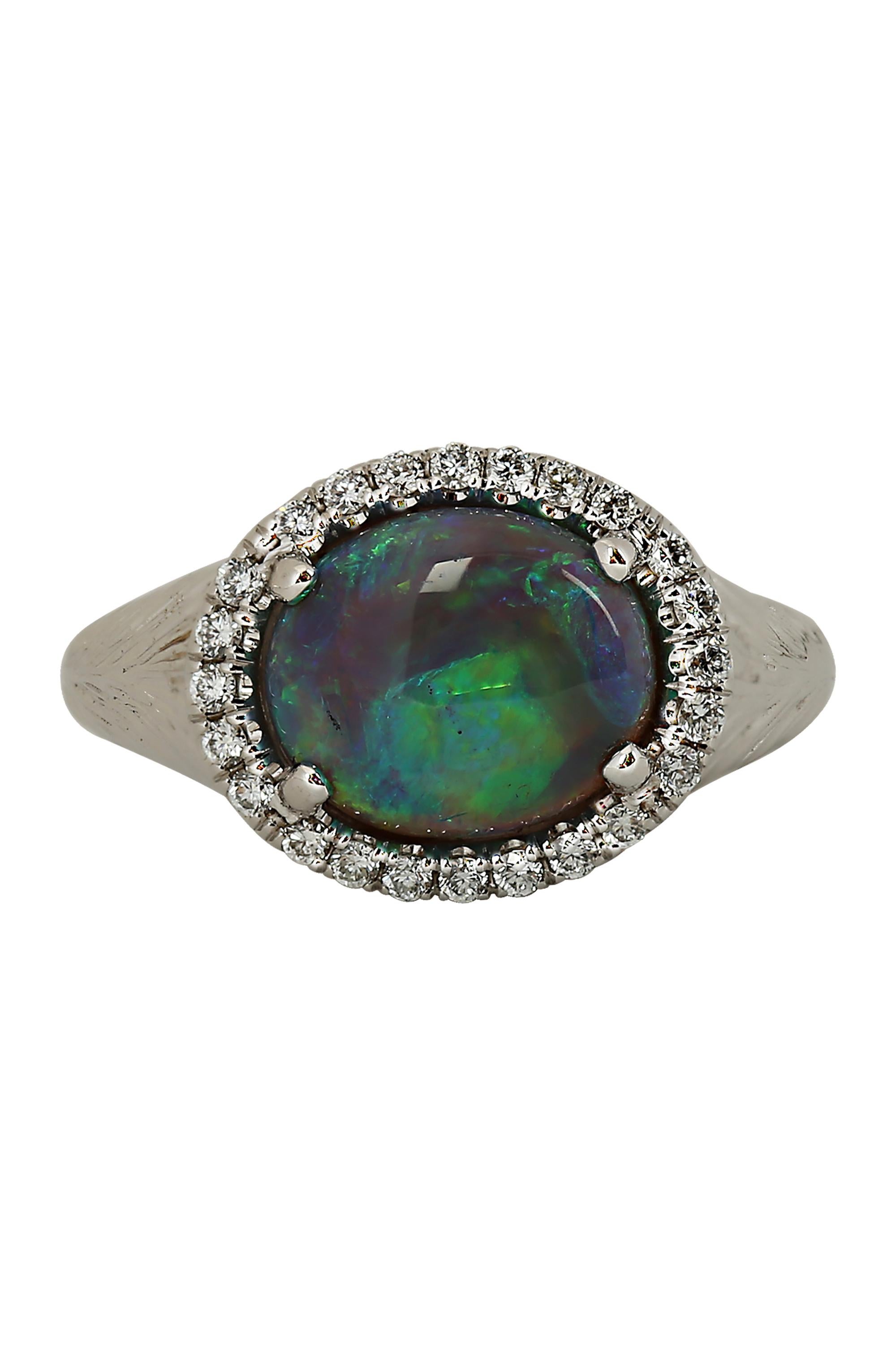 Oval Cut Gems Are Forever 3.65 Carat Black Opal and Diamond Ring For Sale