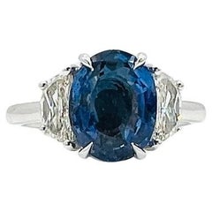 3.65 Carat Blue Sapphire Oval and Half Moon Diamond Ring in 18K White Gold