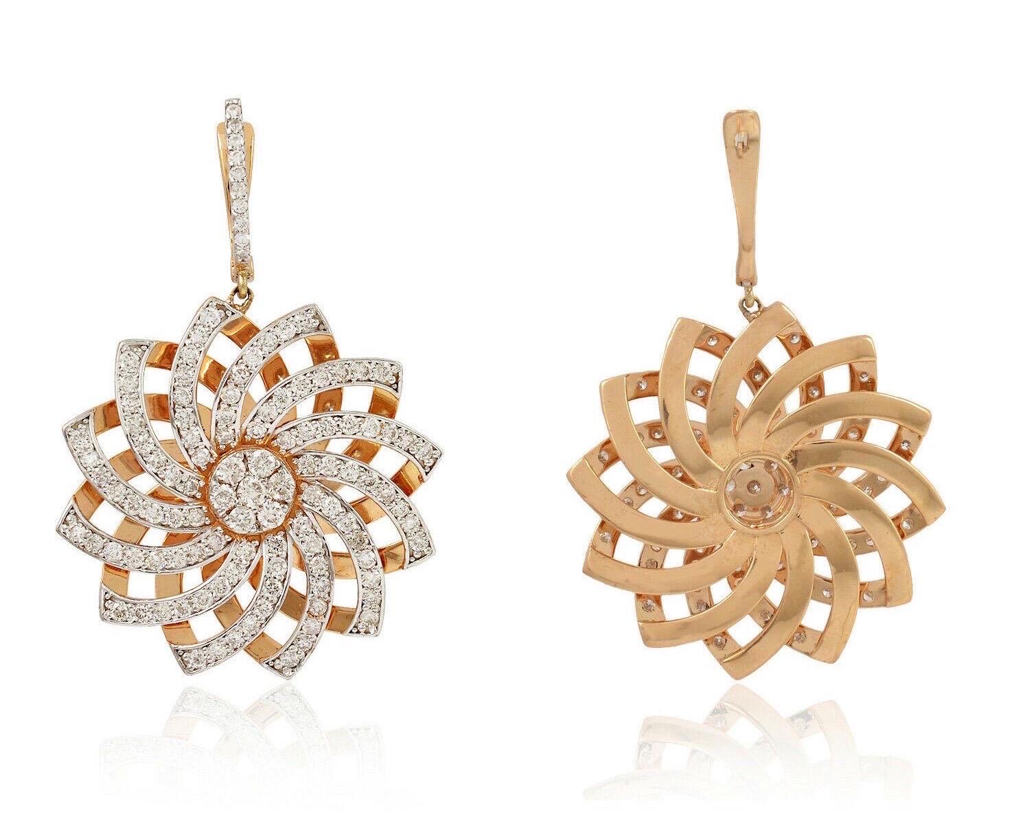 Modern 3.65 Carat Diamond 18 Karat Rose Gold Floral Earrings For Sale