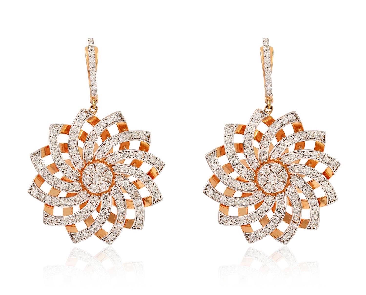 Mixed Cut 3.65 Carat Diamond 18 Karat Rose Gold Floral Earrings For Sale