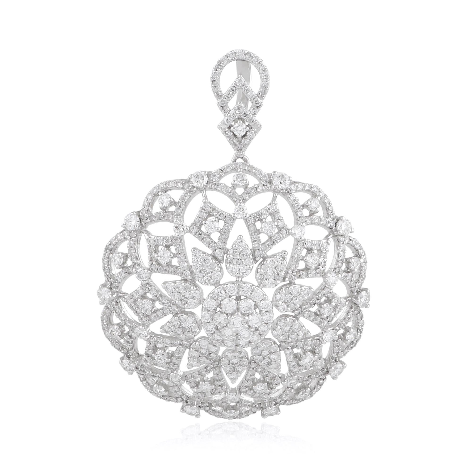 Women's or Men's 3.65 Carat Diamond Flower Design Pendant 10 Karat White Gold Handmade Jewelry For Sale