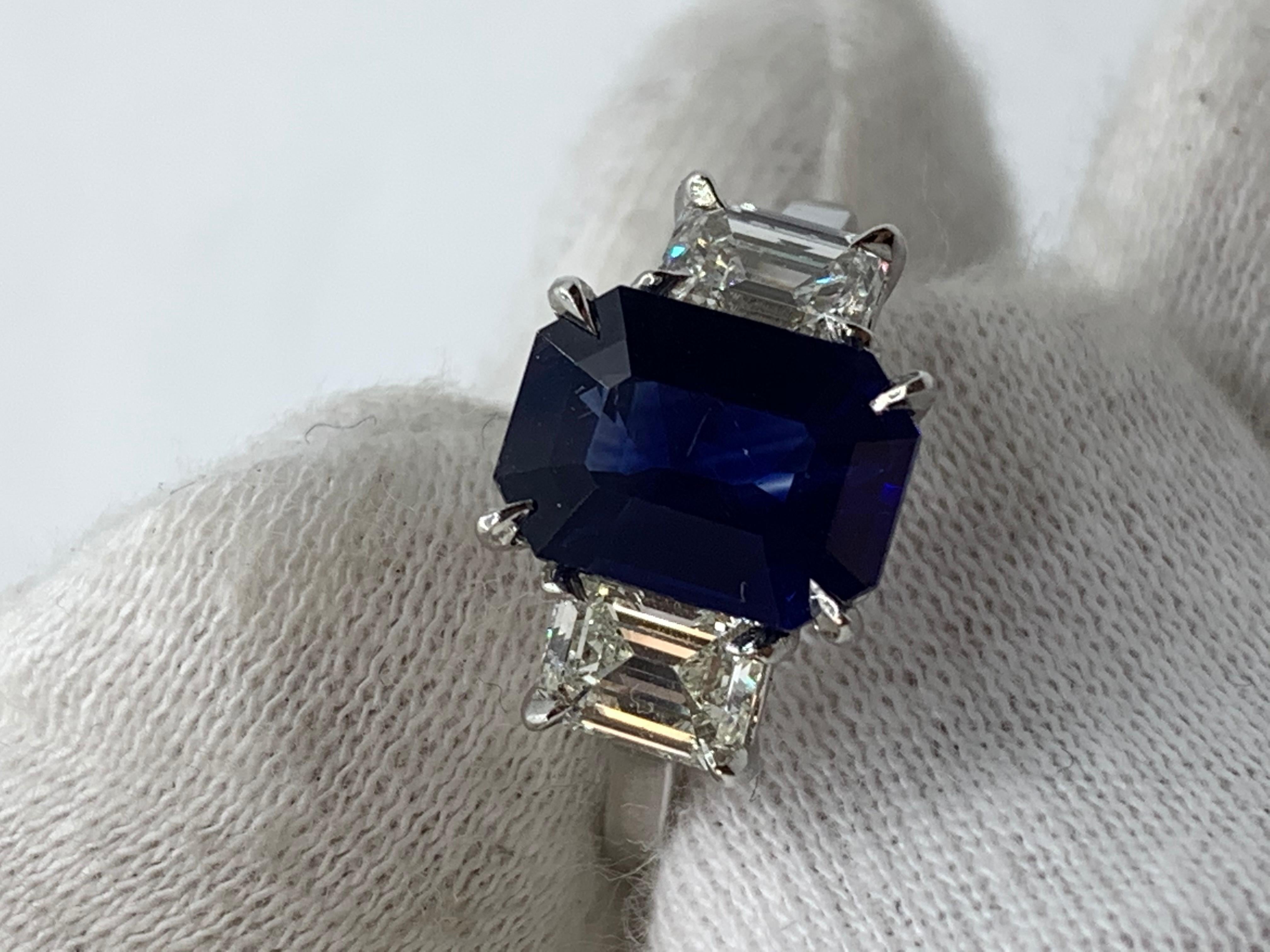 Modern GIA Certified 3.65 Carat Emerald Cut Blue Sapphire and Diamond Three-Stone Ring