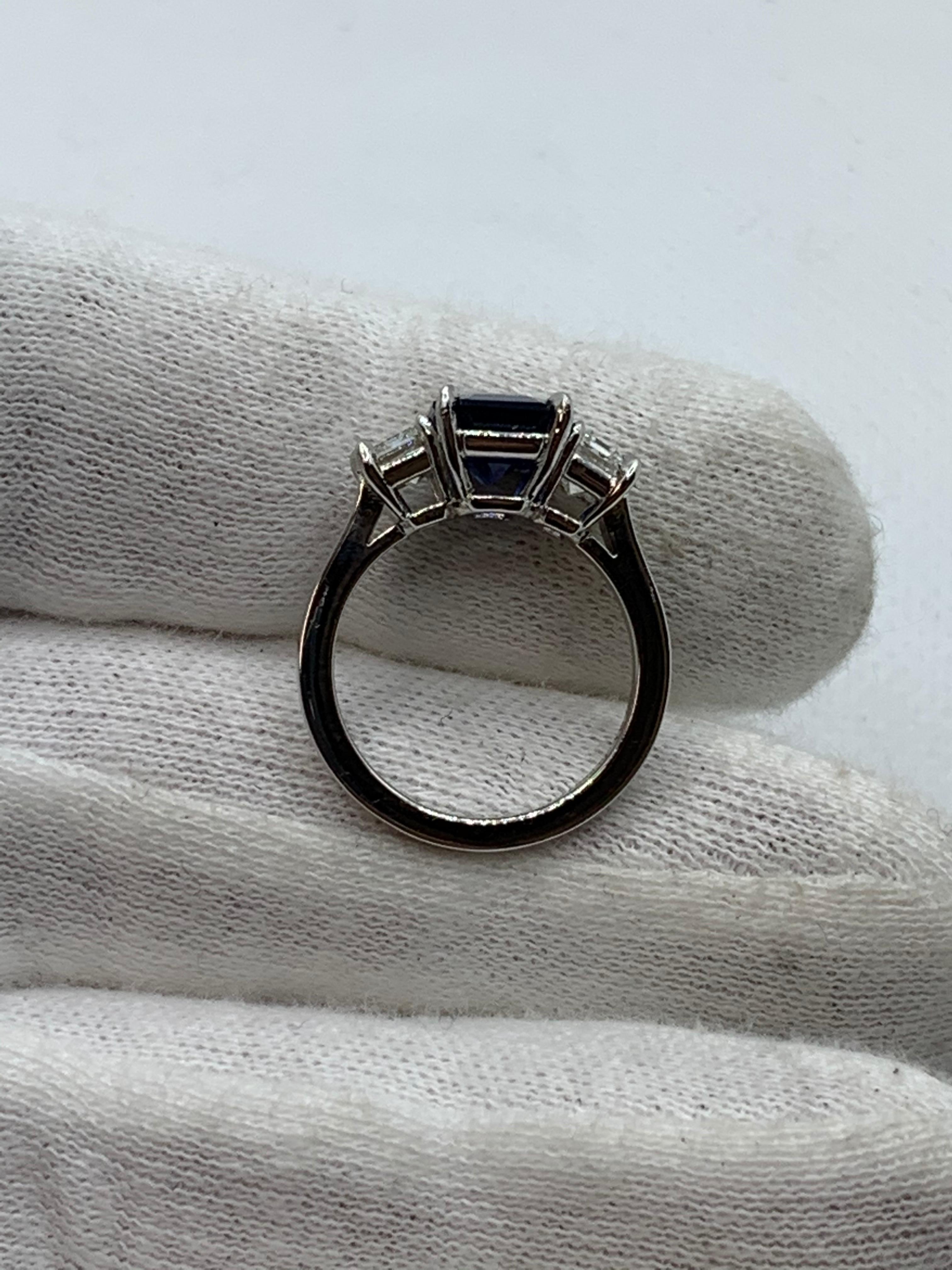 GIA Certified 3.65 Carat Emerald Cut Blue Sapphire and Diamond Three-Stone Ring In New Condition In New York, NY
