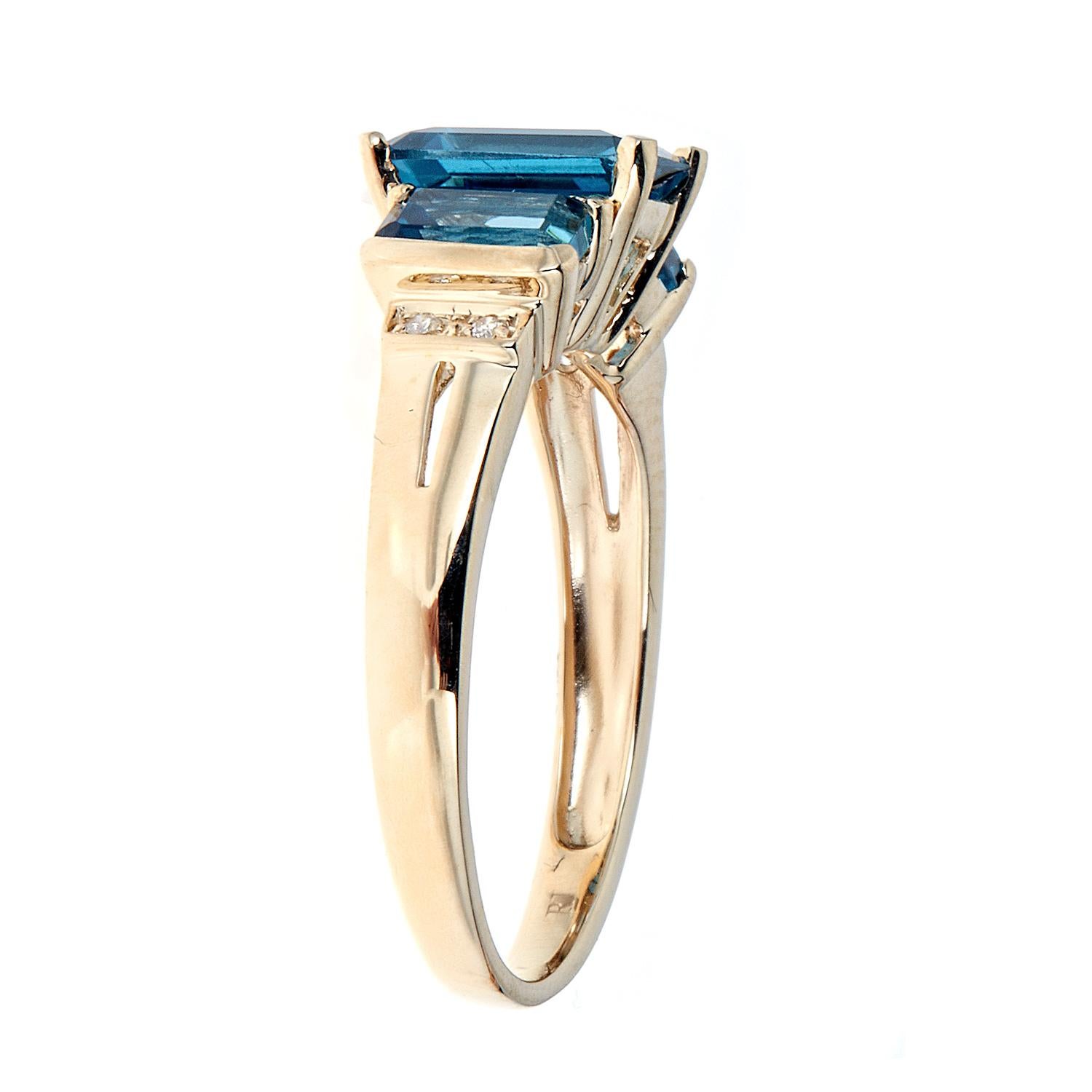 Stunning, timeless and classy eternity Unique Ring. Decorate yourself in luxury with this Gin & Grace Ring. The 10K Yellow Gold jewelry boasts Free Size (1 pcs) 2.03 carat Emerald-Cut, 6x4 mm (2 Pcs) 1.62 carat Emerald-cut Prong Setting London Blue